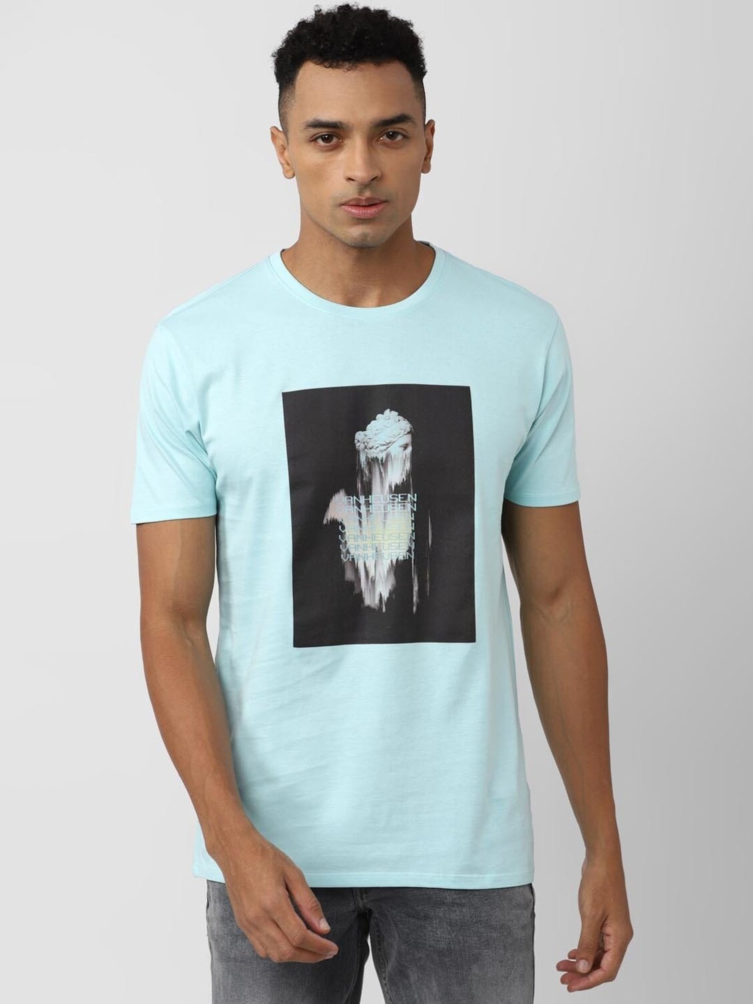 V Dot Blue Cotton Slim Fit Printed T-Shirt