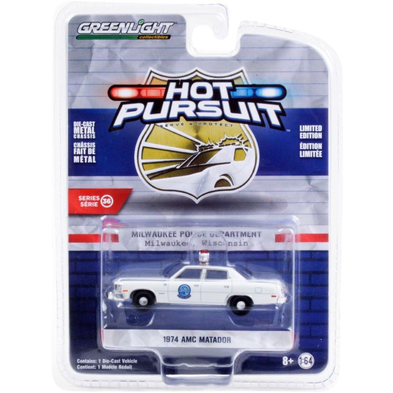 1974 AMC Matador White "Milwaukee Police Department" (Wisconsin) "Hot Pursuit" Series 36 1/64 Diecast Model Car by Greenlight