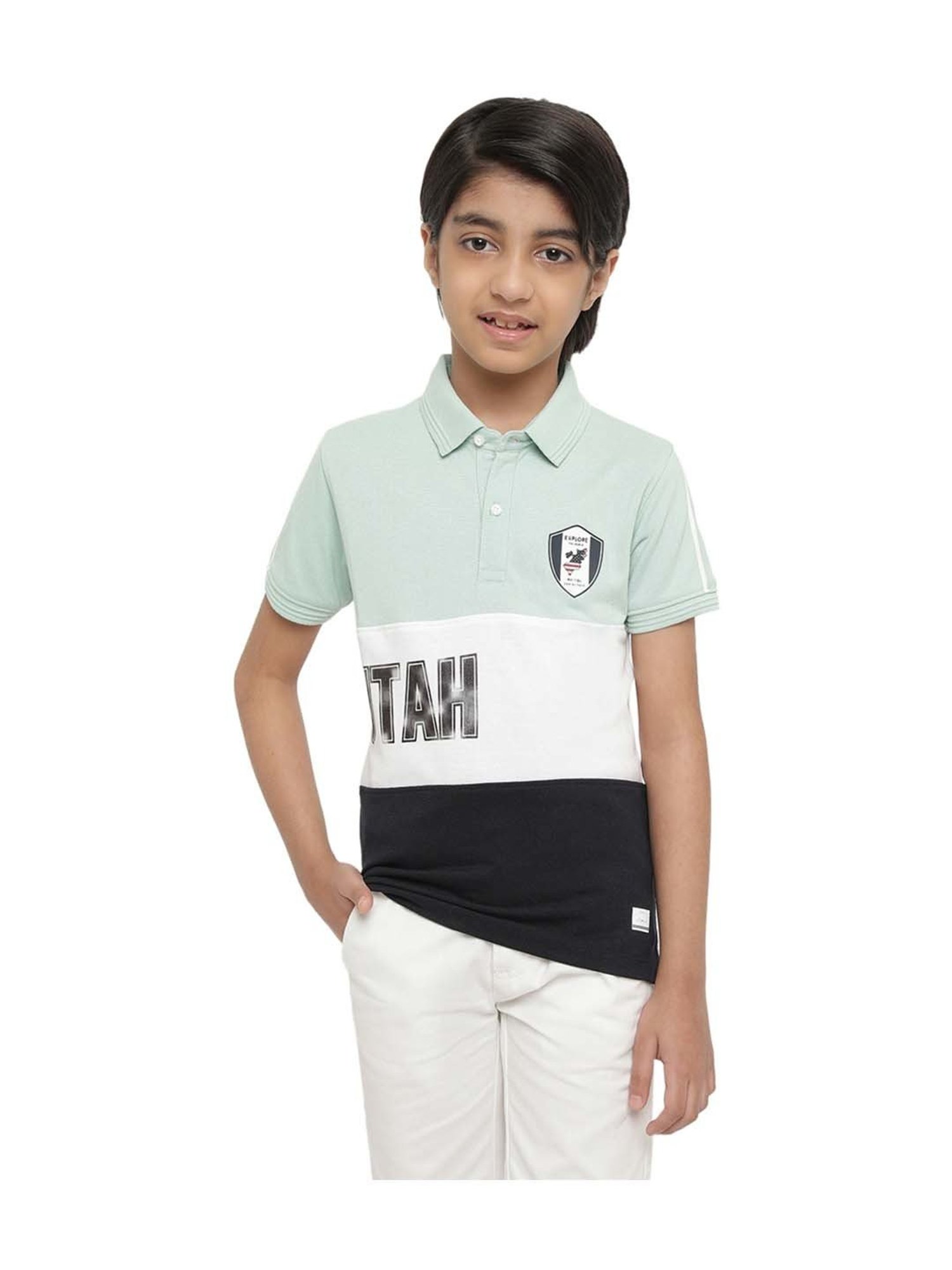 Octave Kids Dusty Mint & White Cotton Color Block Polo T-Shirt