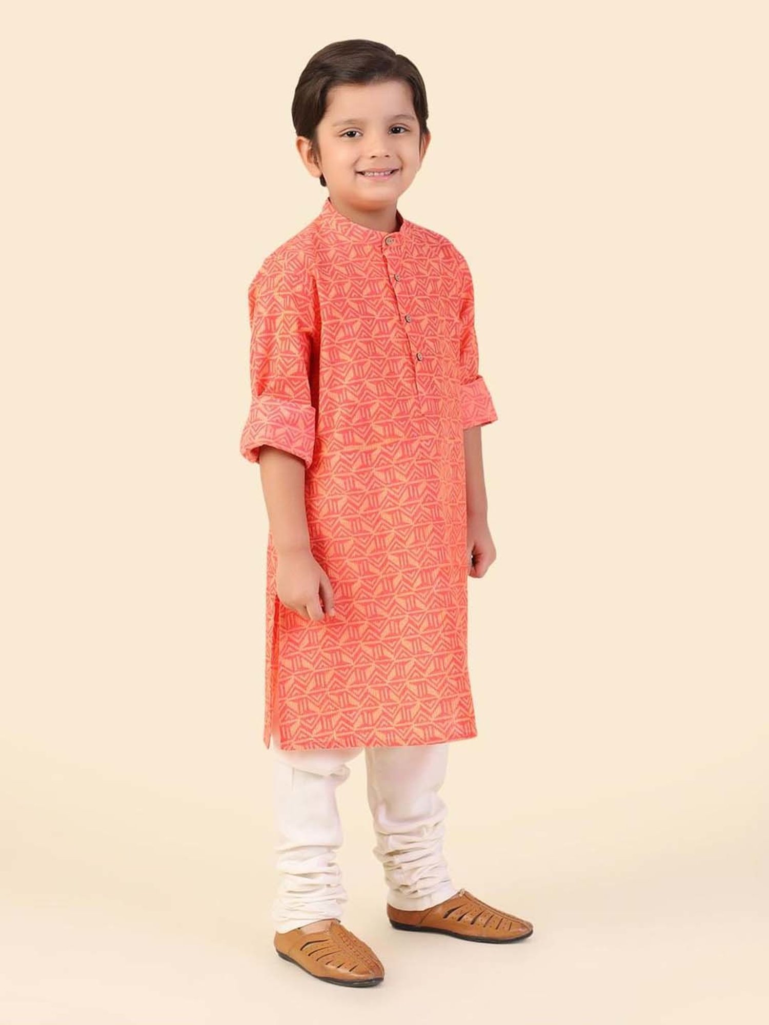 Fabindia Kids Coral Cotton Printed Full Sleeves Kurta