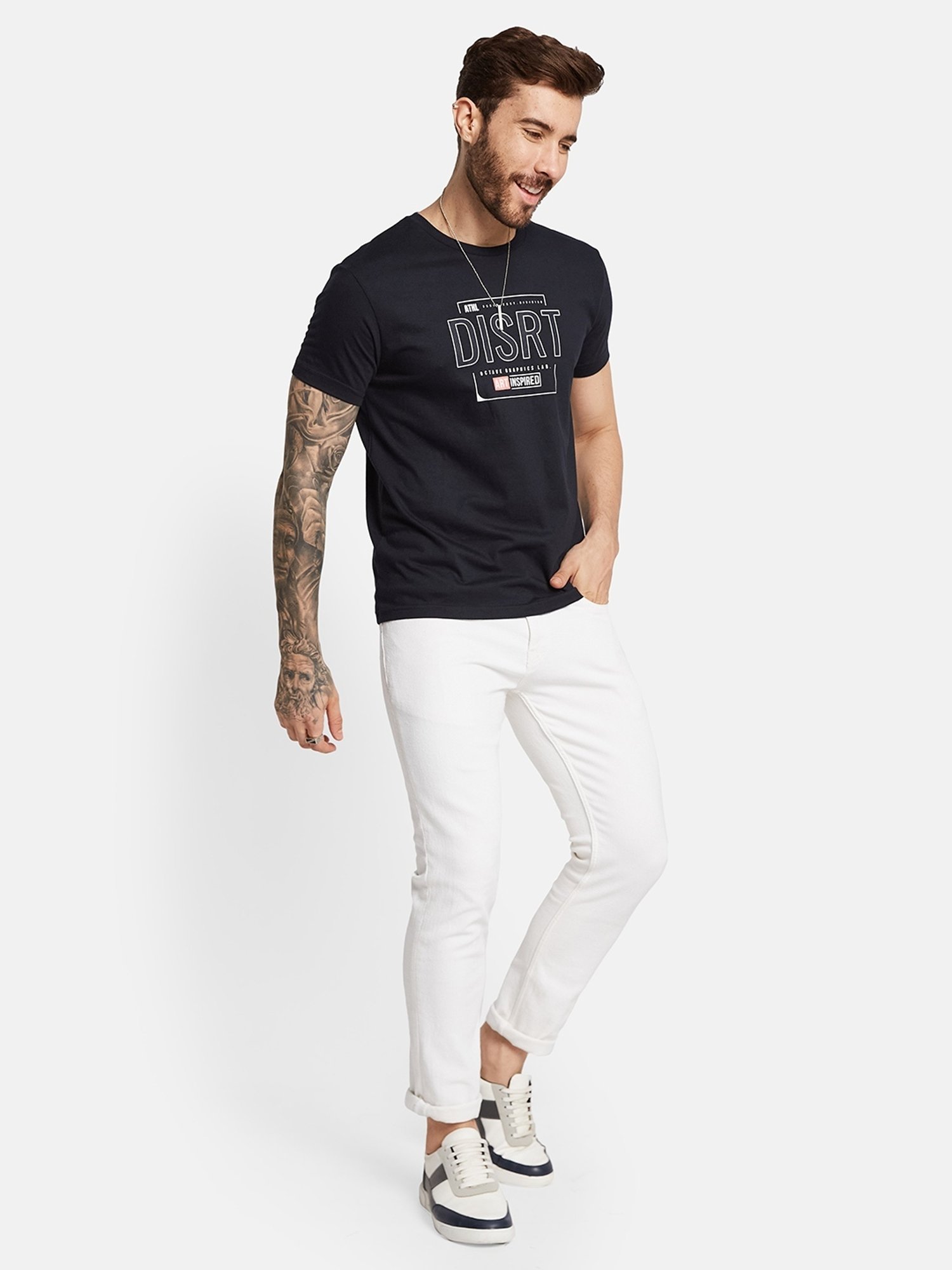 Octave Navy Cotton Regular Fit Printed T-Shirt