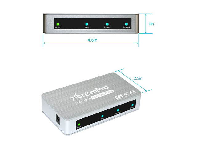 XtremPro 61083 HM-SP102APT 1x2 HDMI 2.0 Aluminium and Plastic Splitter 4K@60HZ HDCP2.2 (UL)