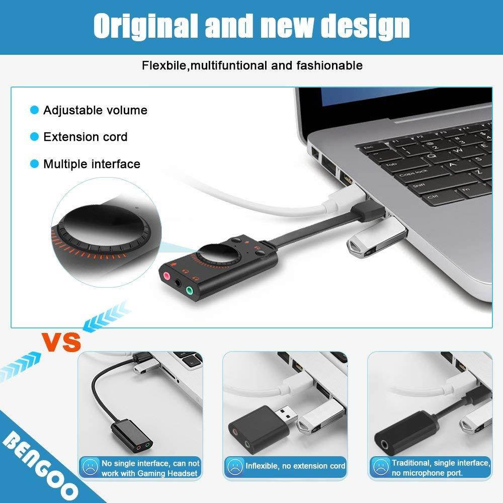 USB Sound Card Adapter BENGOO External Audio Adapter Stereo Sound Card Converter 3.5mm AUX Microphone Jack for Gaming Headset Earphone PS4 Laptop Desktop Windows Mac OS Linux, Plug Play