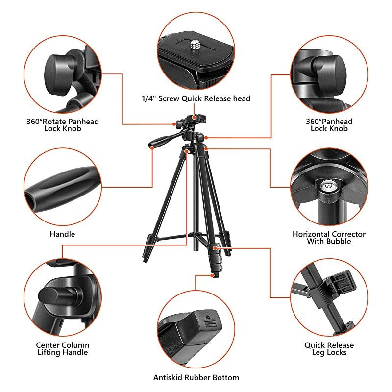 Tripod 55 Inch Lightweight Tripod for with 2 in 1 Holder for Tablet and CellAluminum Alloy 3Way Head Tripod for DLSR Camera with Carrying Bag and Bluetooth Remote Control