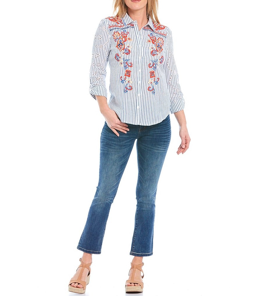 Reba 3/4 Cuffed Sleeve Button Front Embroidered Eyelet Shirt