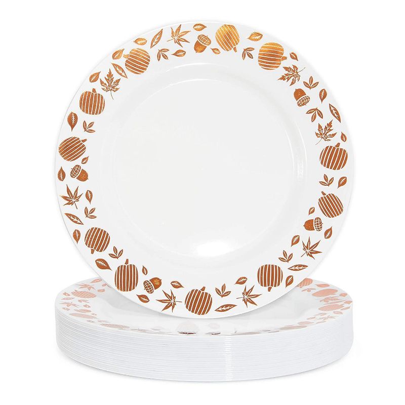 Juvale 24 Pack Plastic Thanksgiving Plastic Plates, Copper Foil Leaf Trim, Pumpkin Fall Tableware (9 In)