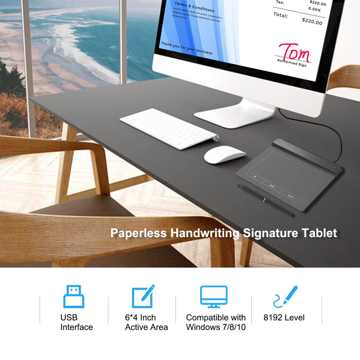 Ugee CS06 Signature Tablet Graphics Drawing Tablet Pad 6x4 Inch Active Area with 8192 Levels Battery-Free Pen 5080LPI Compatible with Windows7/8/10 for Office/Bank/Hotel/Hospital Signature Drawing