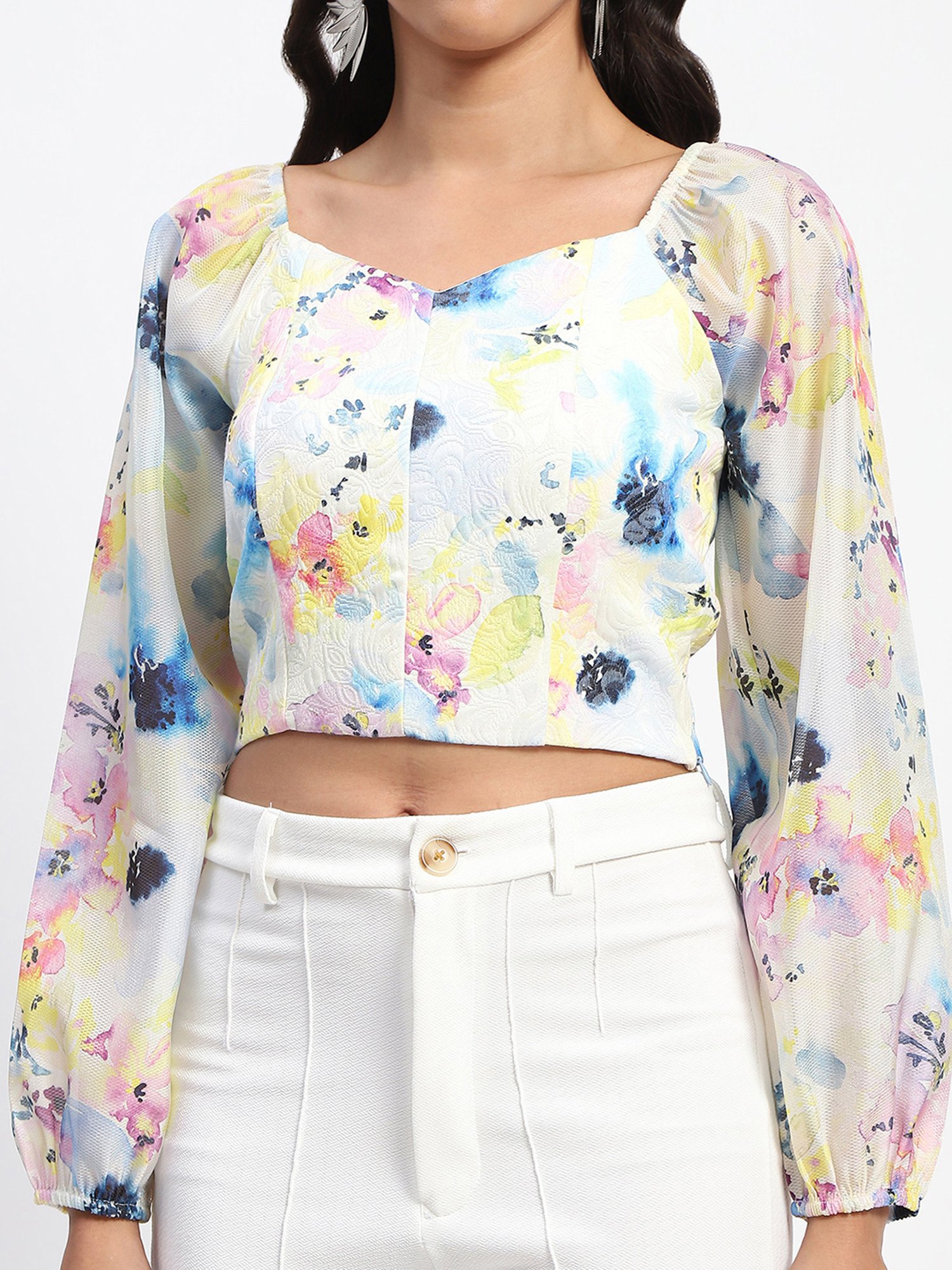 MADAME White Printed Crop Top
