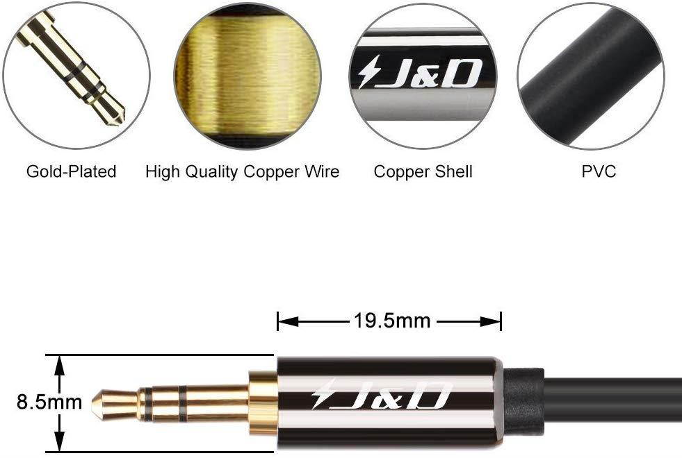 [2-Pack] J&D 3.5mm Male to Male Auxiliary Audio Cable, Gold Plated [Copper Shell] [Heavy Duty] 3.5mm 1/8" TRS Male to 3.5mm 1/8" TRS Male Stereo Audio Adapter Cable - 6 Feet