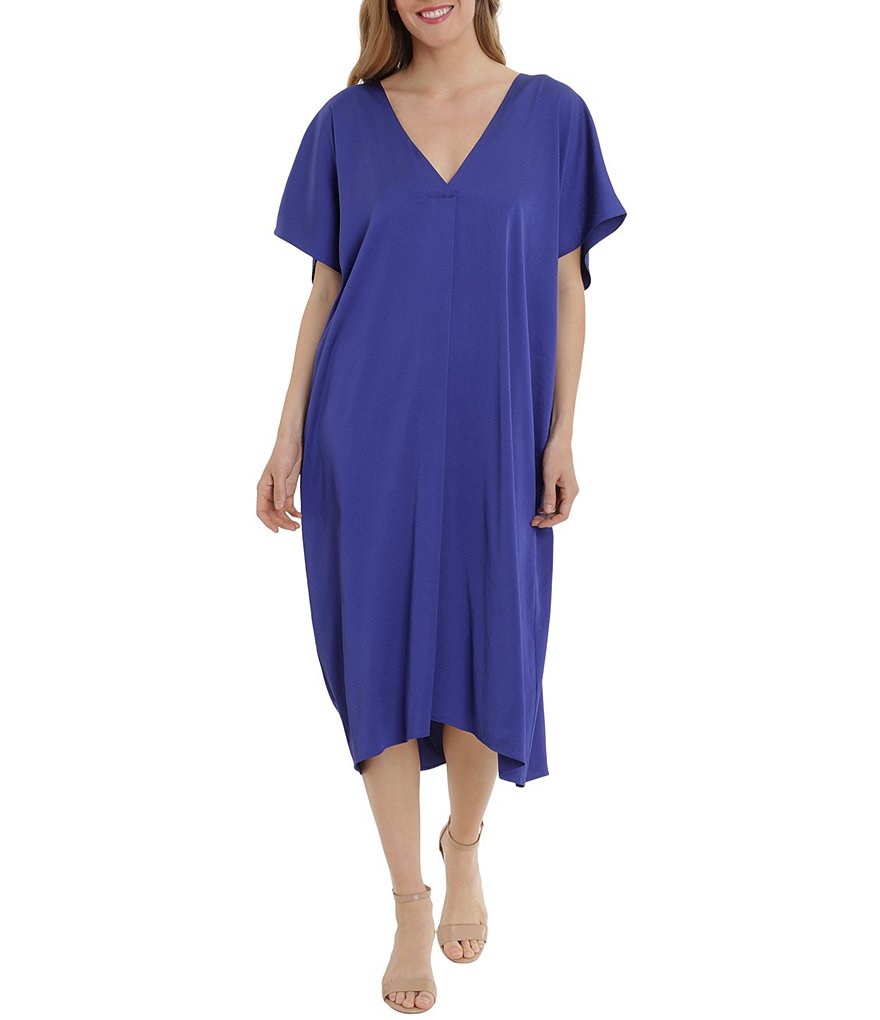 London Times Short Sleeve Satin V-Neck Caftan Dress
