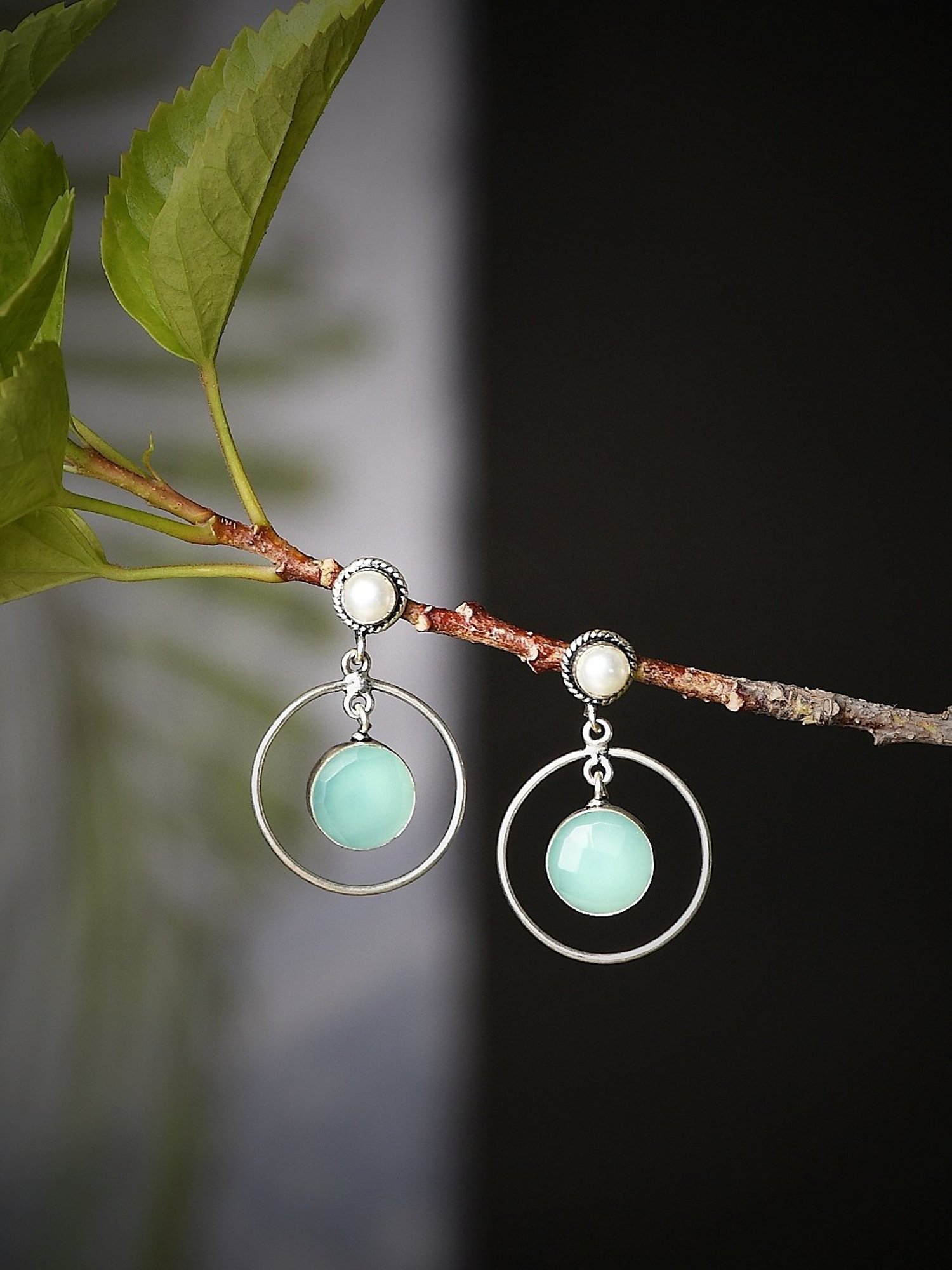 Imli Street Green-White Silver Tone Stone-Studded Handcrafted Drop Earrings