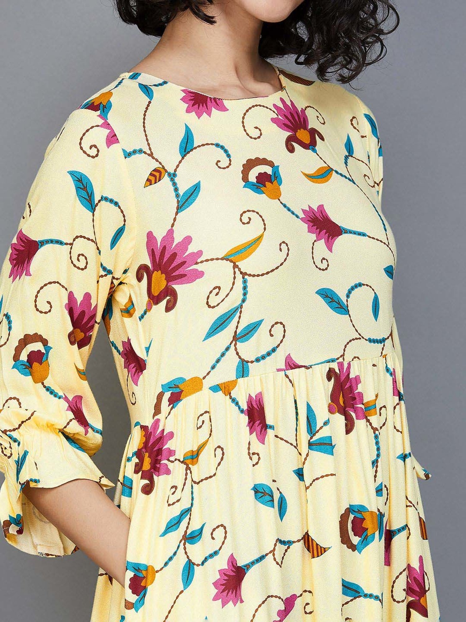 Colour Me by Melange Yellow Printed A-Line Dress