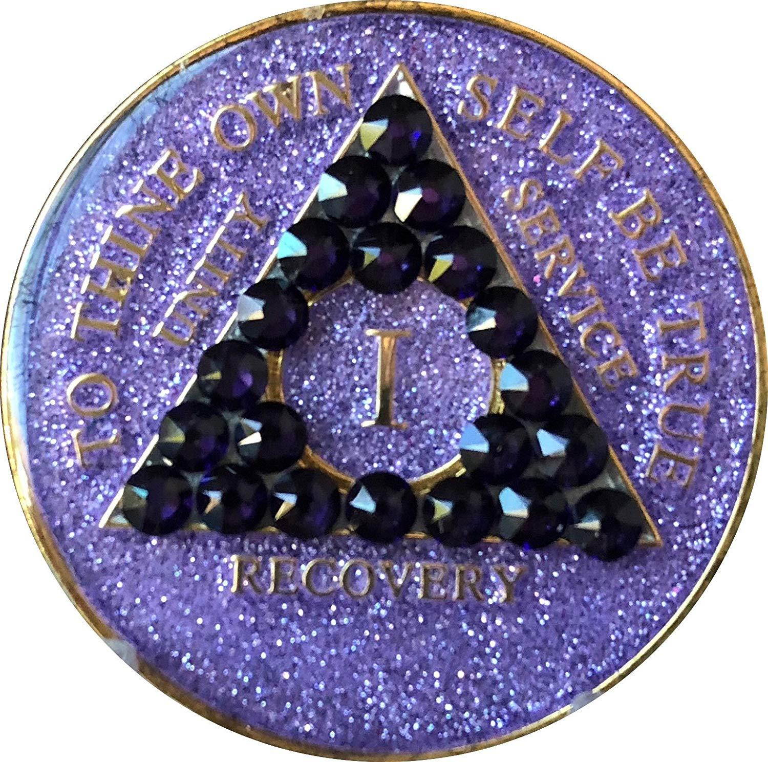 1 Year AA Medallion Purple Glitter With Swarovski Crystal Purple Velvet Chip