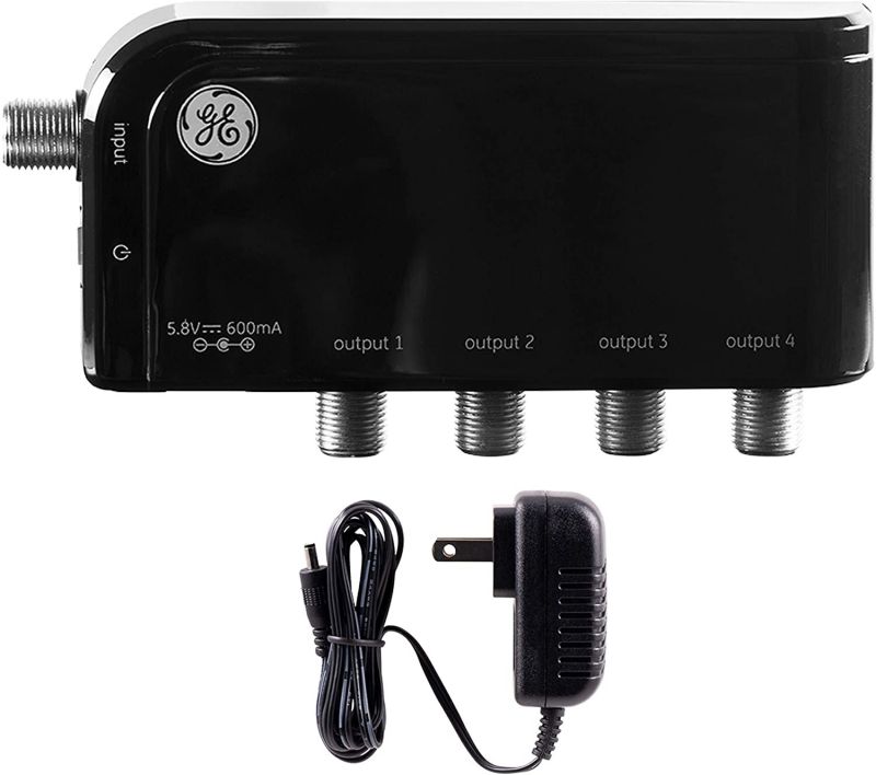 GE 4-Way TV Antenna Amplifier Splitter Clears Up Pixelated Low-Strength Channels Distributes Signal to Multiple TVs 50-1006MHz Low Noise Antenna Signal Booster HD Digital VHF UHF Indoor 34479