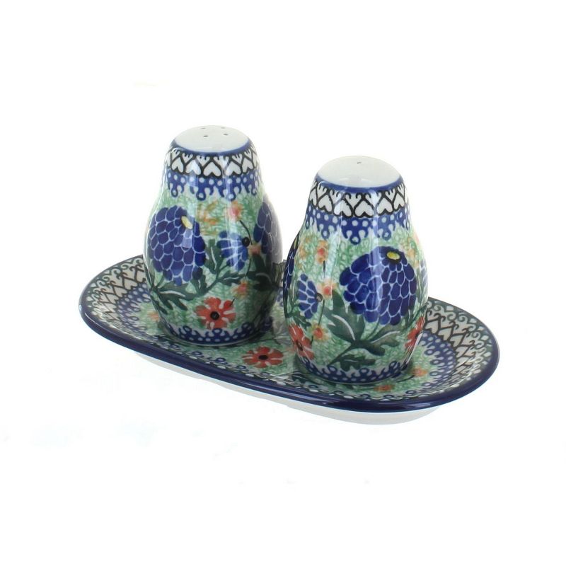 Blue Rose Polish Pottery Sofia Salt & Pepper Shakers with Tray