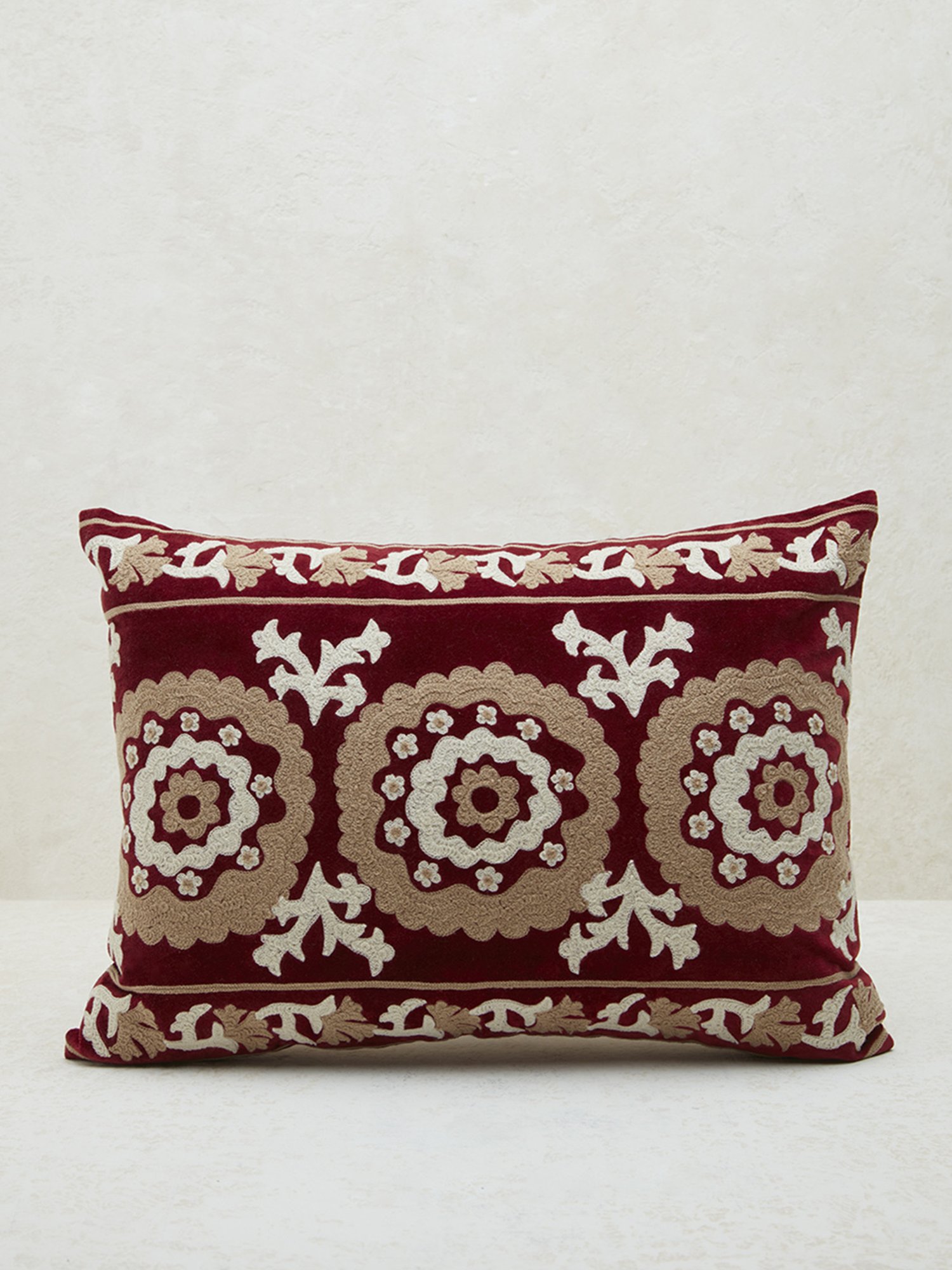 Westside Home Dark Red Sujani Floral Embroidered Cushion Cover