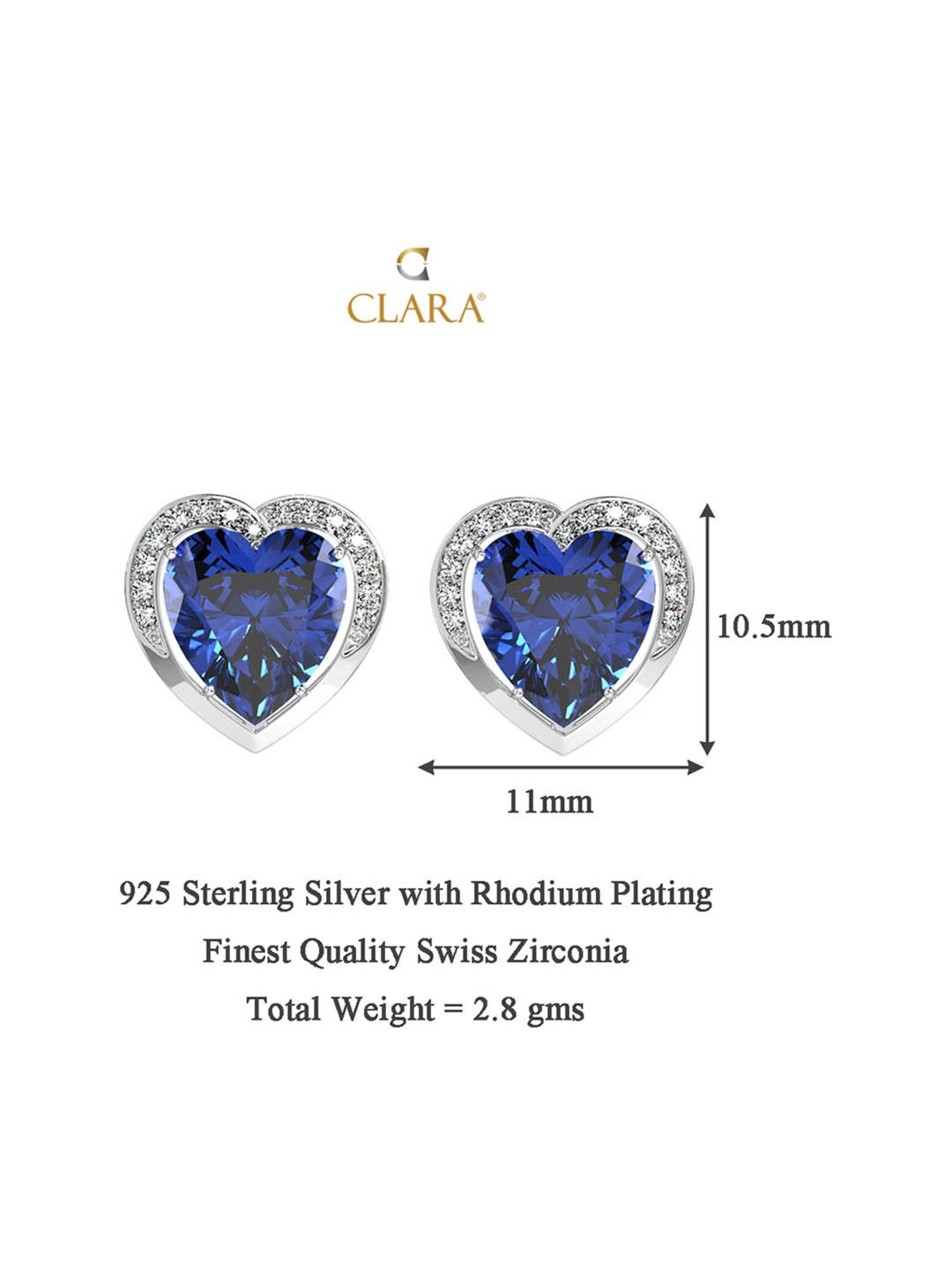 Clara 92.5 Sterling Silver Swiss Zirconia Royal Blue Heart Stud Earrings