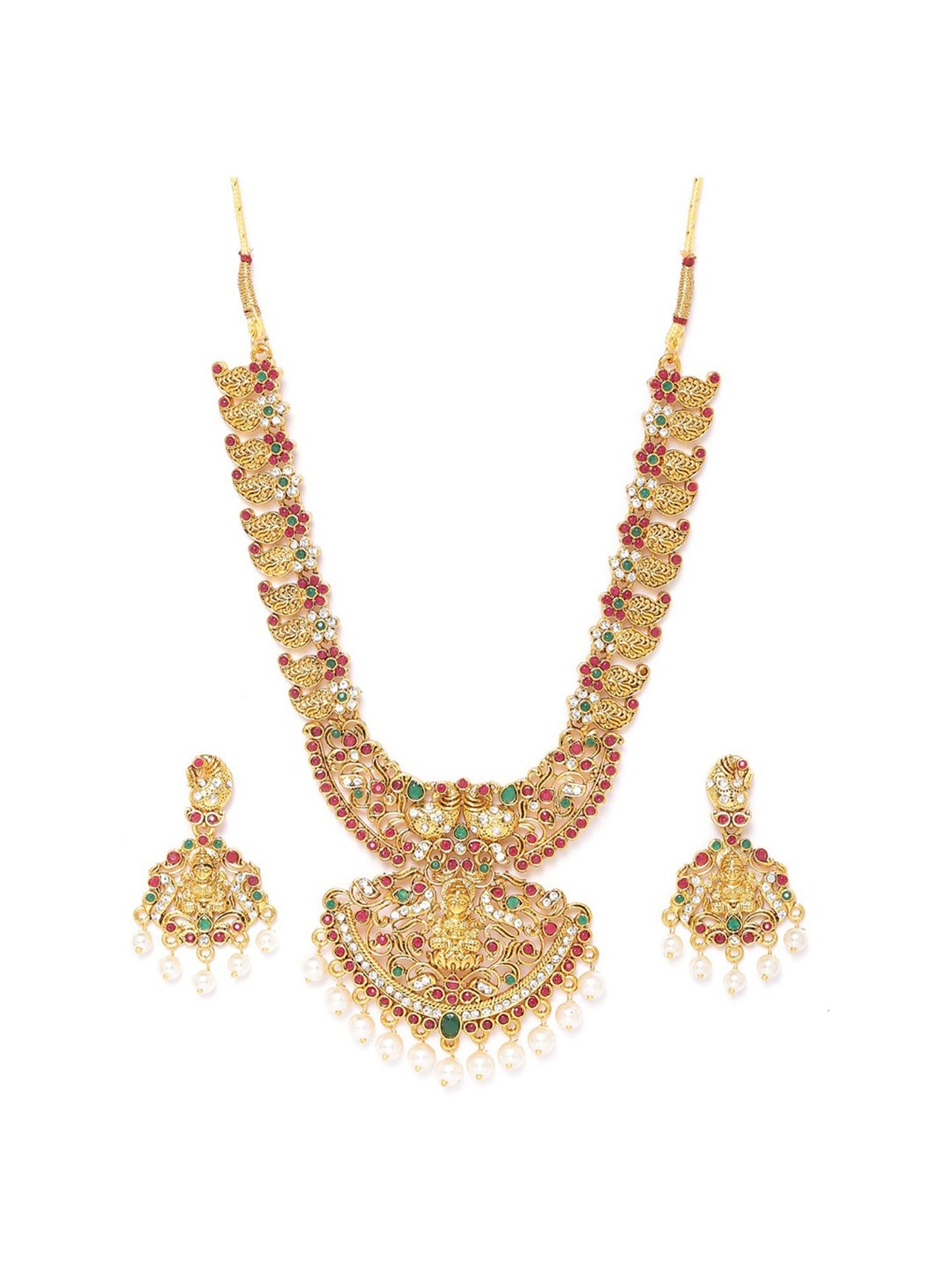 Zaveri Pearls Pink & Green Stones Goddess Laxmi Temple & Peacock Necklace & Earring Set-ZPFK9550