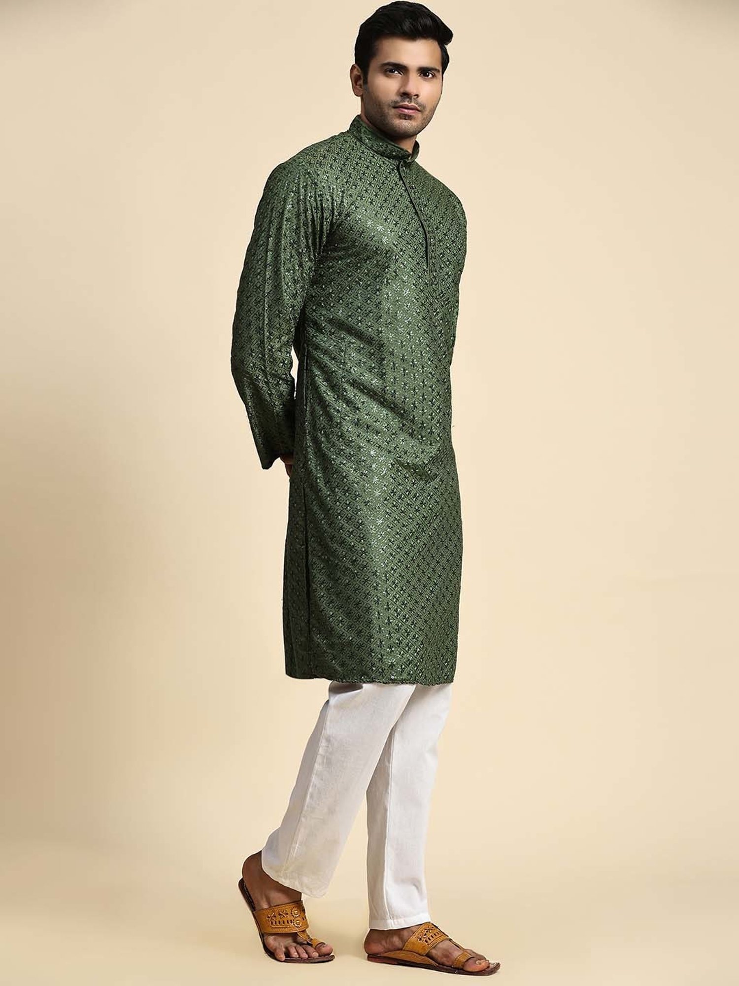 Pro-Ethic Style Developer Green & White Regular Fit Embroidered Kurta & Pyjamas Set