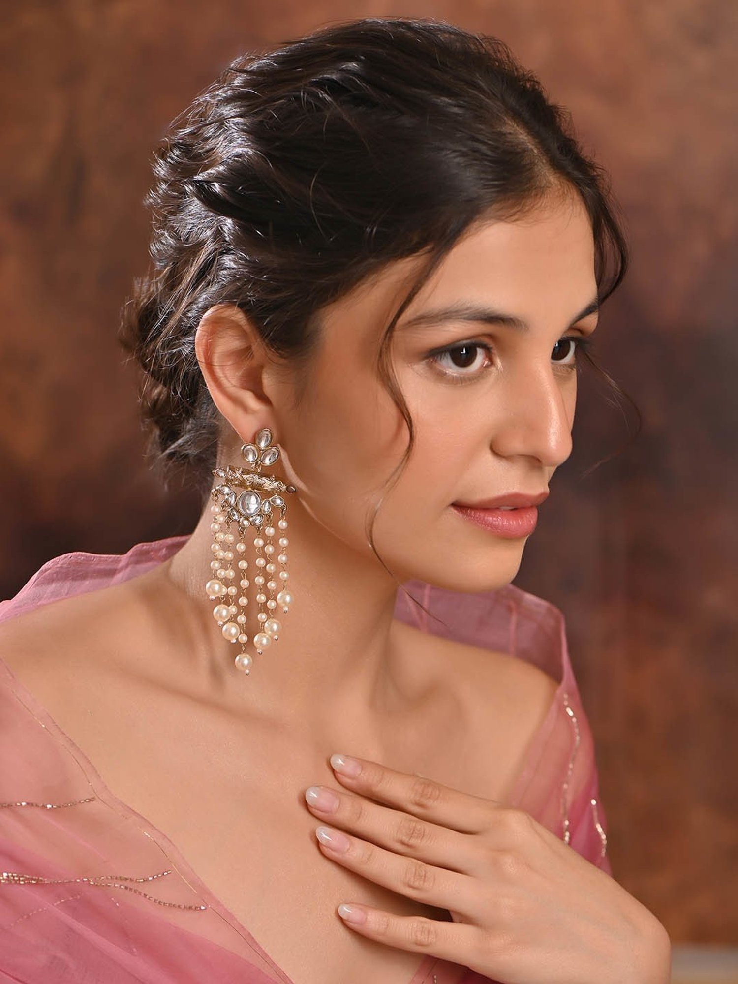 Fida Gold-Plated White Long Strand Kundan Pearl Dangler Earrings for Women