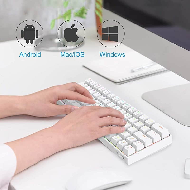 60% Keyboard with Dedicated Arrow Keys, White  DK63W Wireless Wired Mechanical Gaming Computer Keyboard True RGB Backlit Bluetooth 4.0 Programmable, N-Key Rollover for Windows Mac - Red Switch