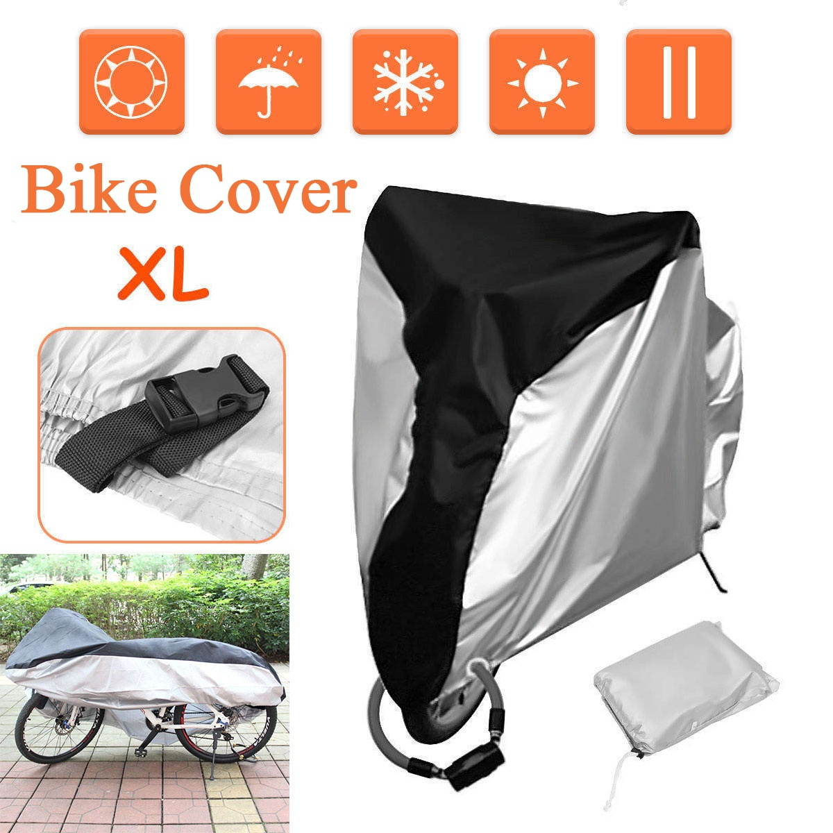 Weather Proof Bike Cover Outdoor Dustproof Bicycle Cover with Lockhole for Mountain/Road Bike - Size XL(Black Center with Silver Periphery)