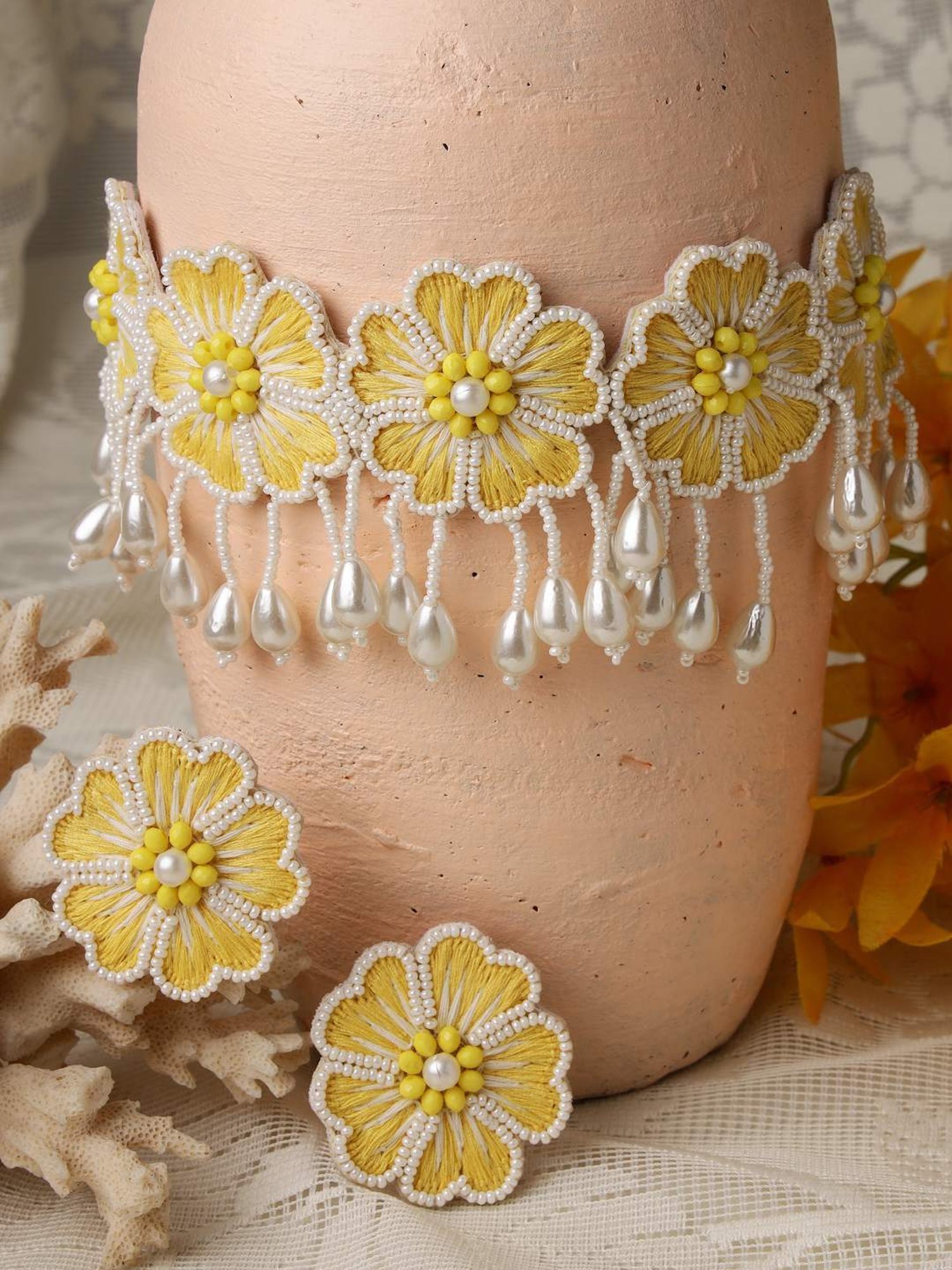 Moedbuille White Pearls Handcrafted Embroidered Yellow Floral Design Contemporary Necklace Set