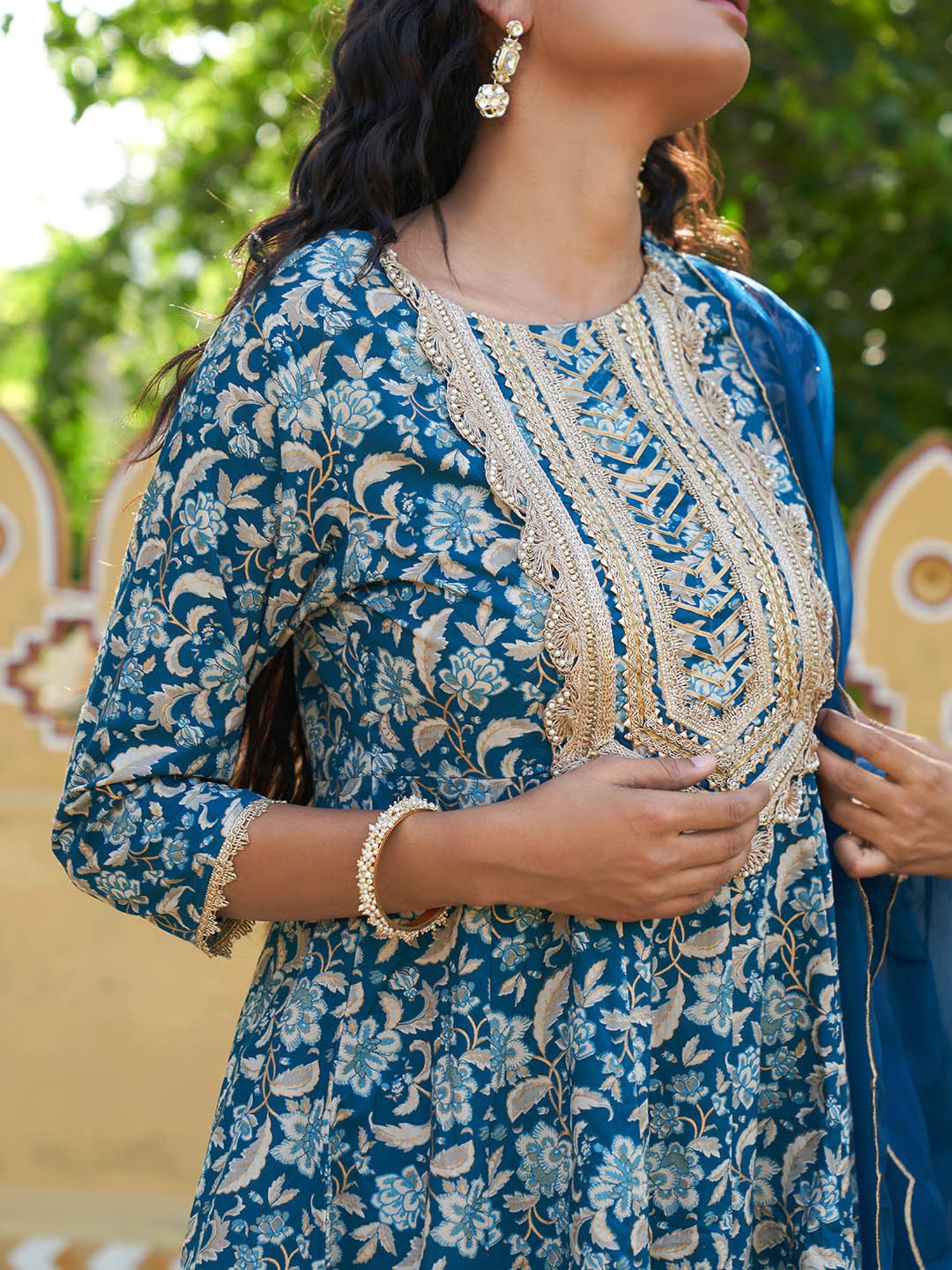 Janasya Teal Cotton Floral Print Kurta With Palazzo & Dupatta