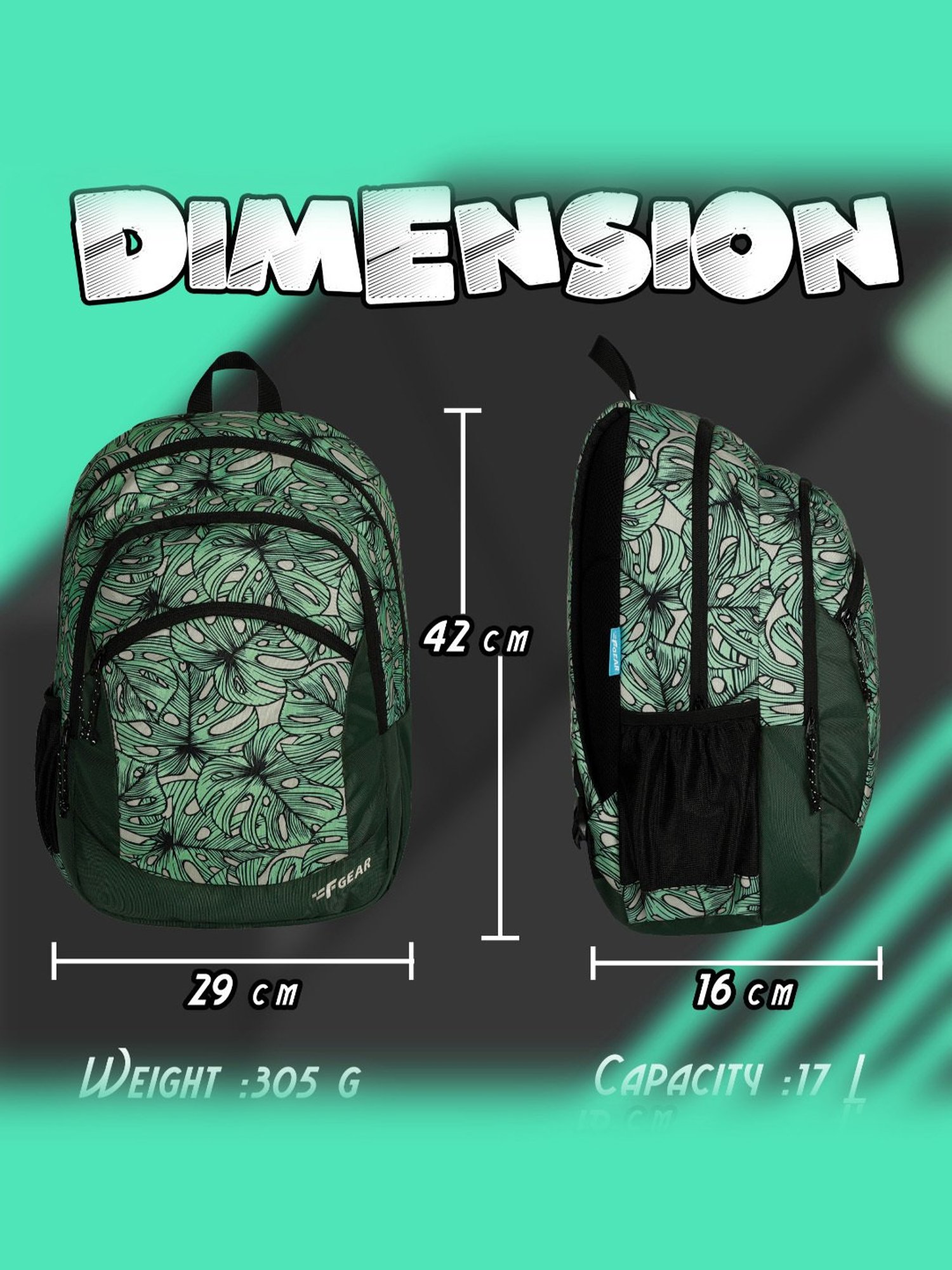 F Gear Nico Palm Green Black Printed Small Backpack