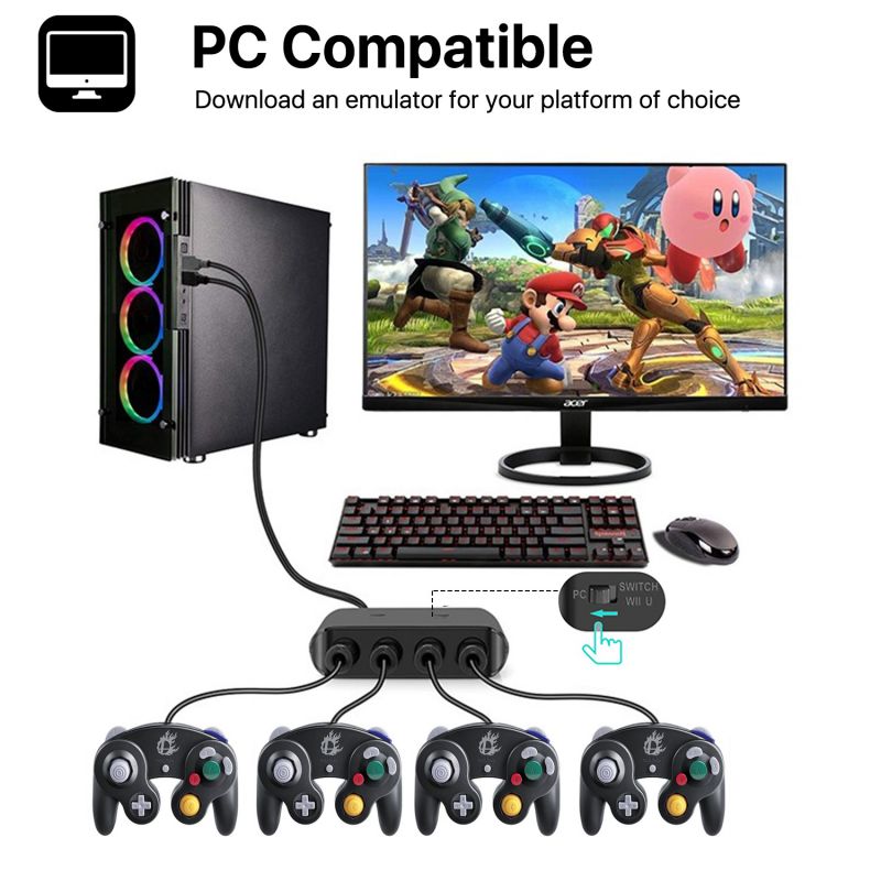 Wii U GameCube Controller Adapter 4 Ports Converter Connection Compatible with Nintendo Wii U Super Smash Bros Brawl and Dolphin PC Windows USB Black