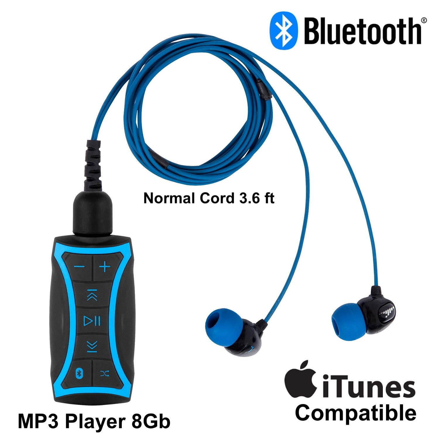 100% Waterproof Stream MP3 Music Player with Bluetooth and Underwater Headphones for Swimming Laps, Watersports, Normal Cord, 8GB &ndash; by H2O Audio
