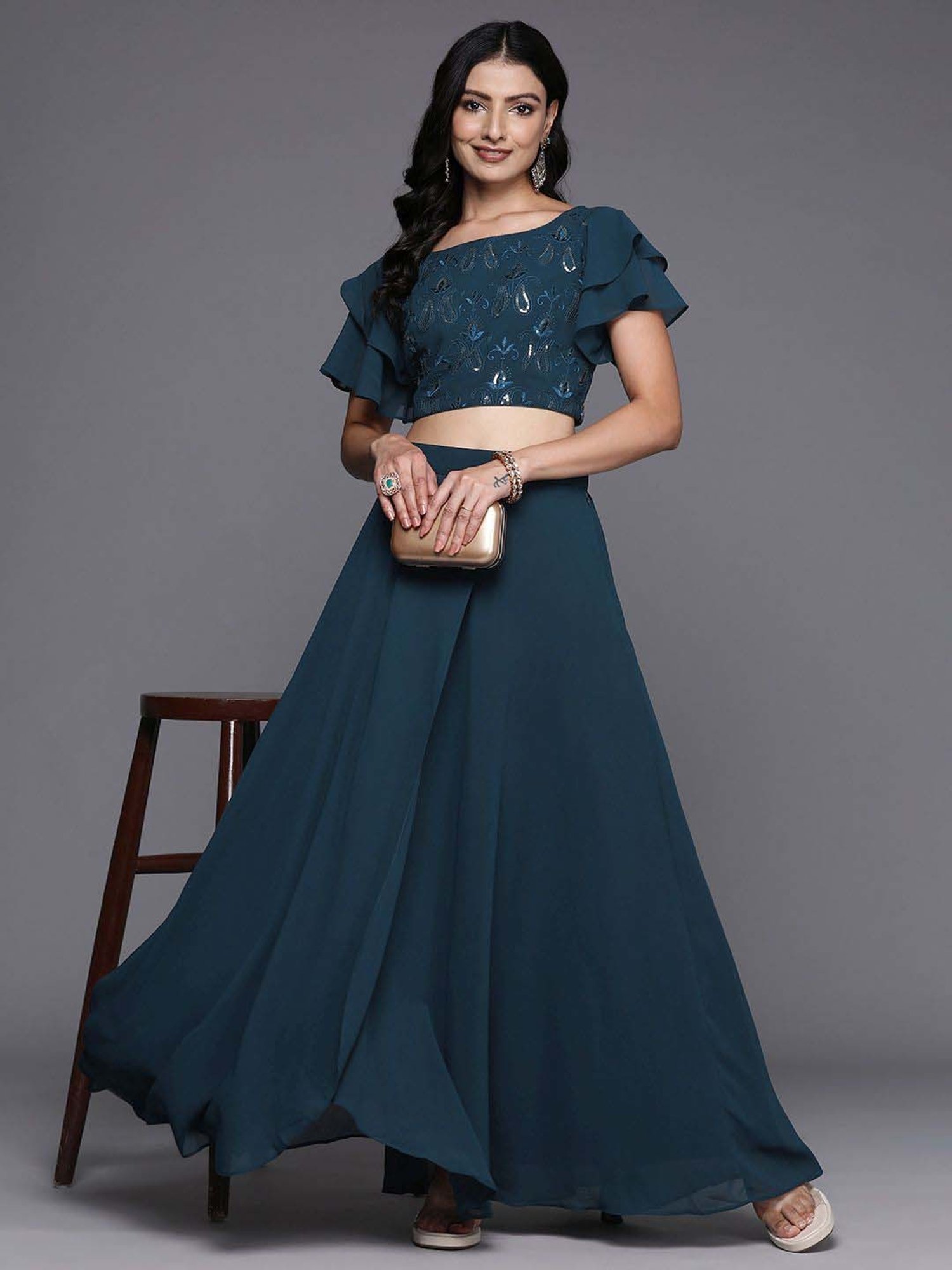 Libas Blue Plain Lehenga Choli Set