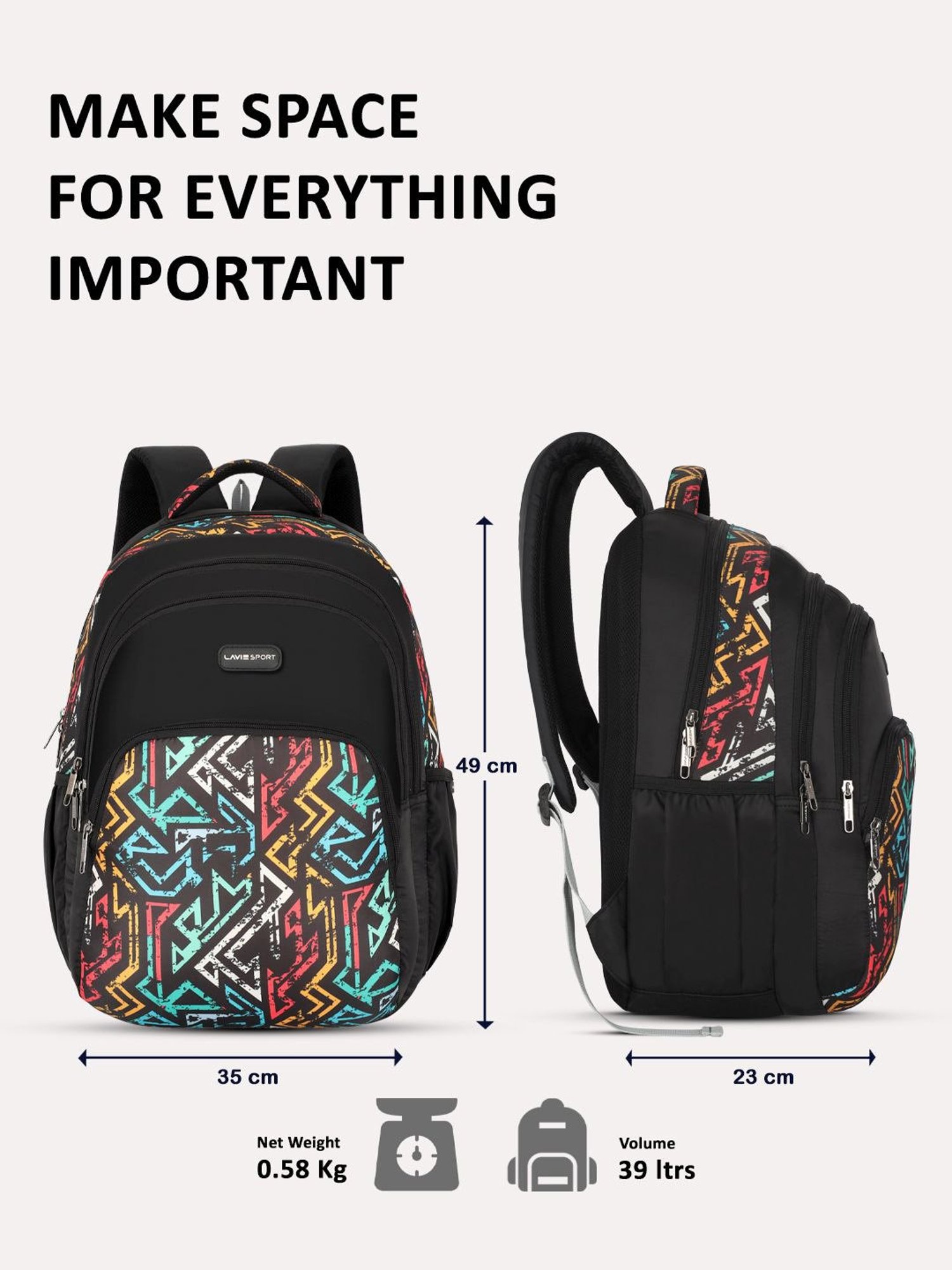 Lavie Sport Vector 39L Printed School Unisex Backpack with Rain cover for Boys/Girls (Black)