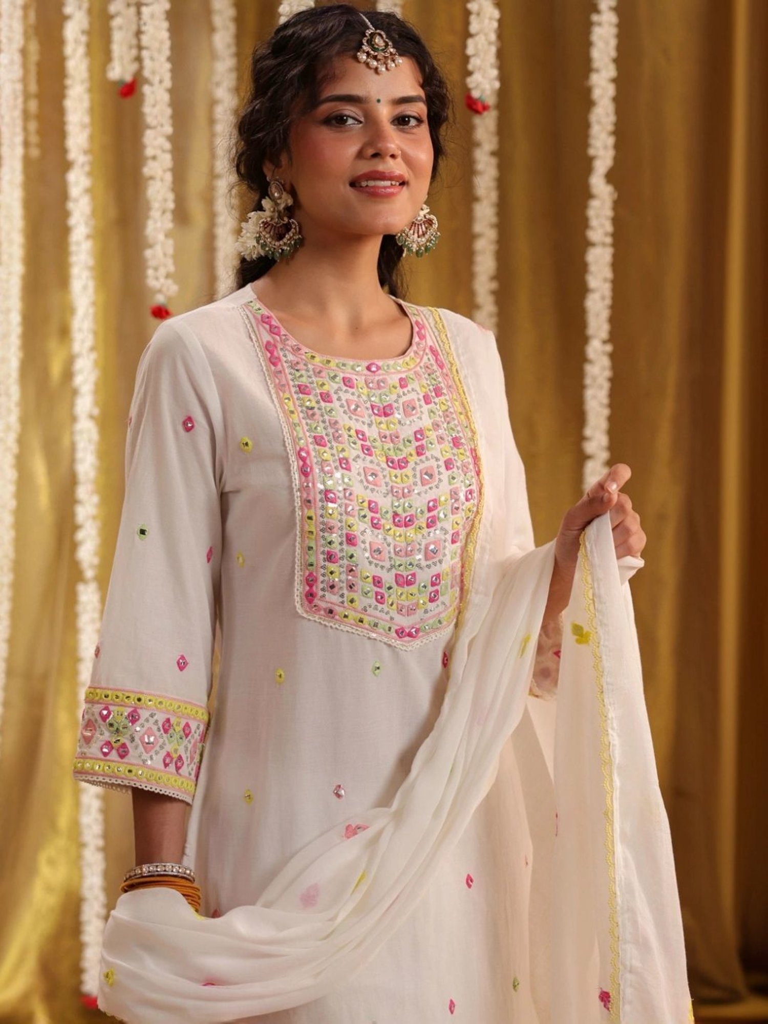 SCAKHI White Cotton Multicolour Mirror And Sequin Embroidered Kurta with Pant And Dupatta