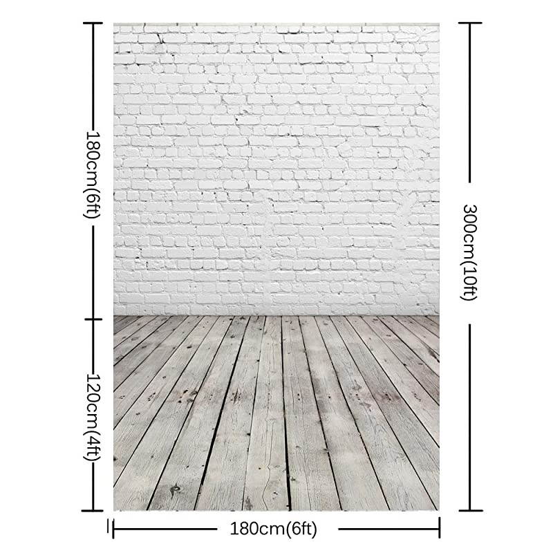 White Brick Wall with Gray Wooden Floor Photography Backdrop Vinyl Background for Pictures D-2504