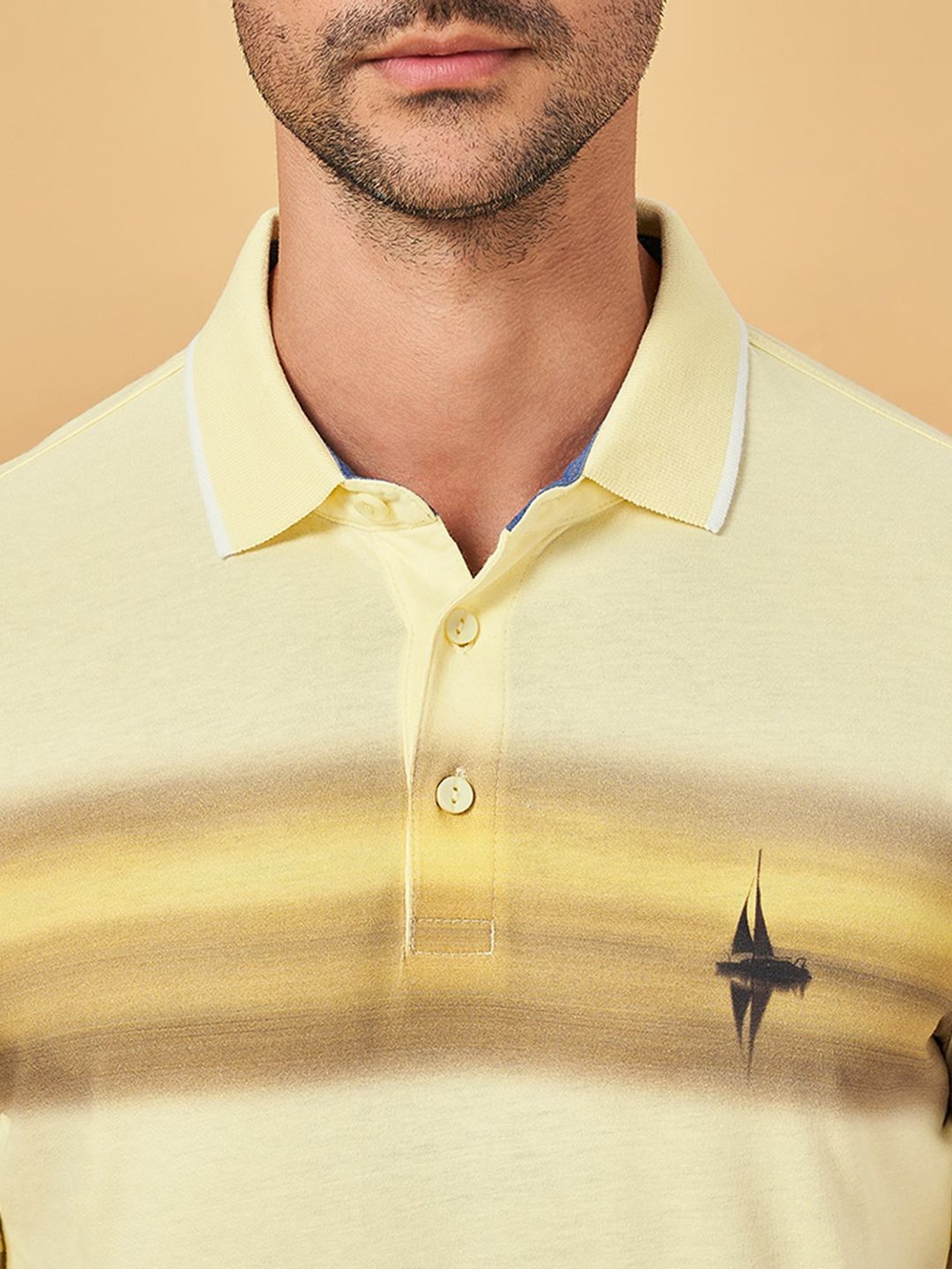 Byford By Pantaloons Light Yellow Slim Fit Printed Polo T-Shirt