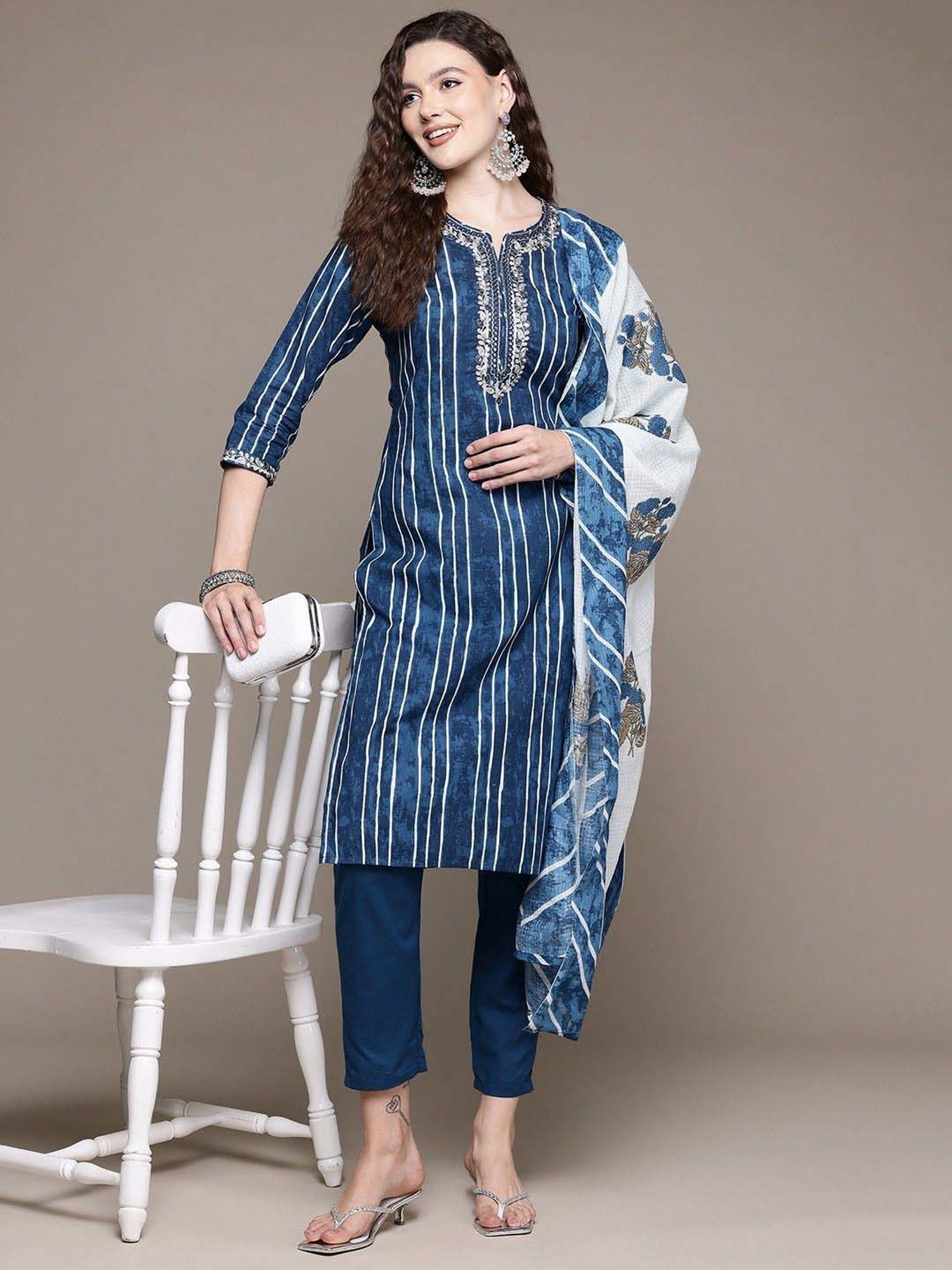 READIPRINT FASHIONS Blue Cotton Embroidered Kurta Pant Set With Dupatta