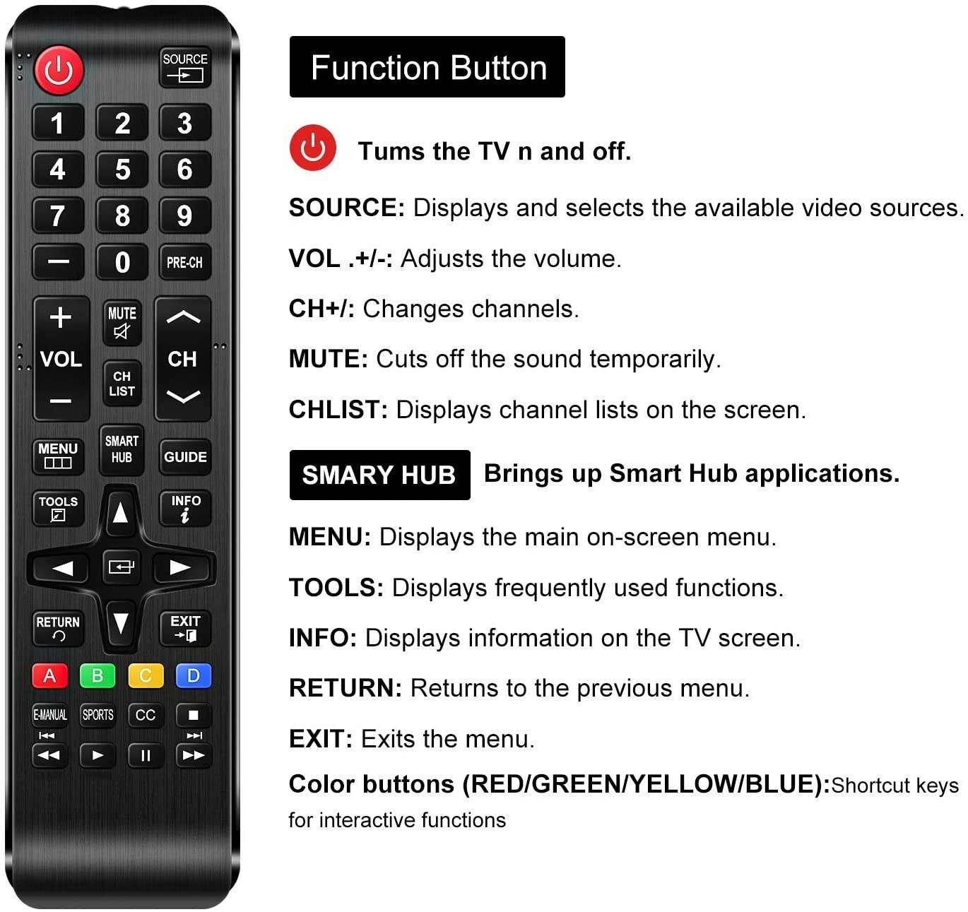 Motiexic Universal Remote Control Compatible with Samsung Tv, Replacement Remote for All Samsung LCD LED HDTV 3D Smart TV, with HUB Button (Including 2AAA Battery)