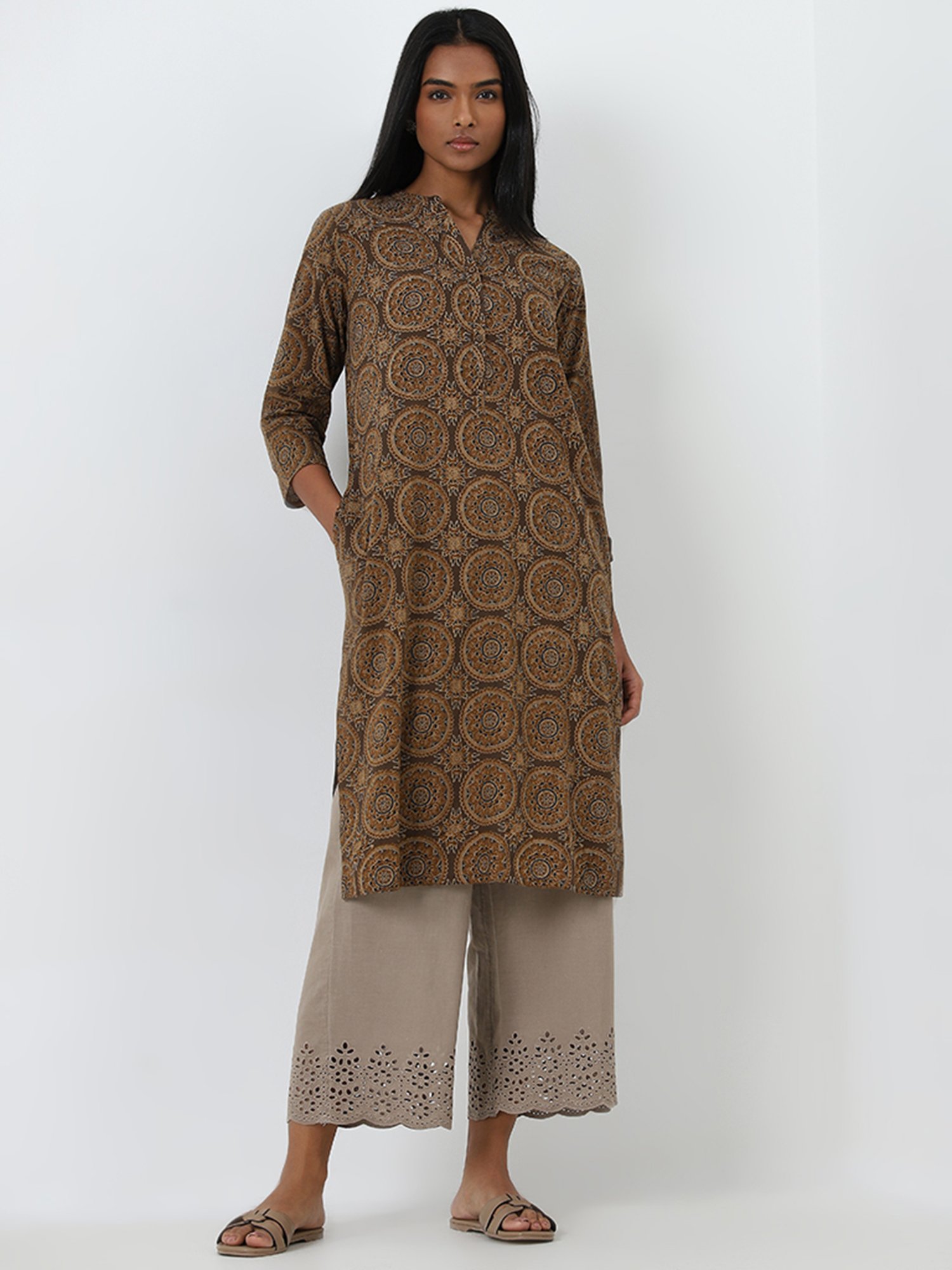 Utsa by Westside Brown Printed Straight Cotton Kurta
