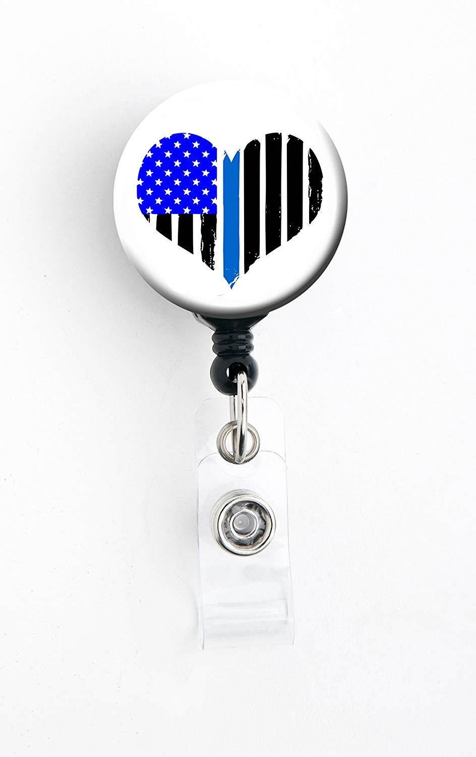 Heart Thin Blue Line Flag - Police Lives Matter - Retractable Badge Reel With Swivel Clip and Extra-Long 34 inch cord - Badge Holder