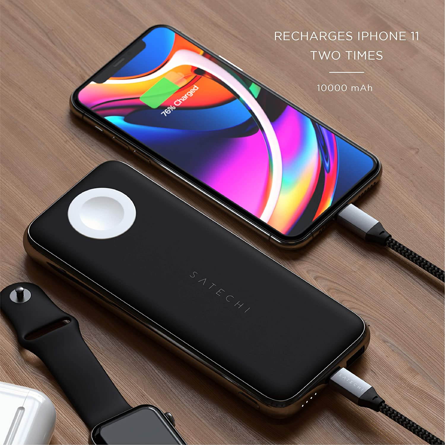 Satechi Quatro Wireless Power Bank &ndash; 10,000 mAh Portable Charger &ndash; Compatible with iPhone 11 Pro Max/11 Pro/11, Apple Watch Series 5/4/3/2/1, AirPods Pro