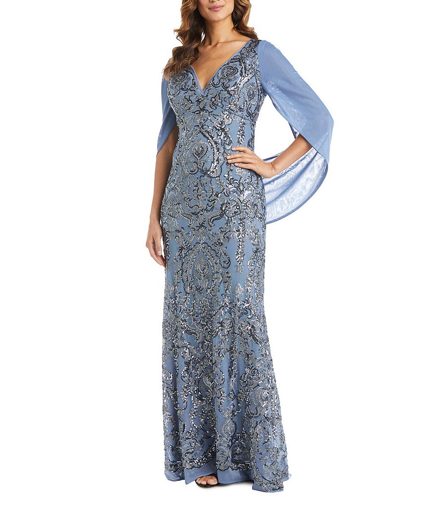 R & M Richards Matte Chiffon Draped Cowl Back Beaded Stretch Mesh Gown