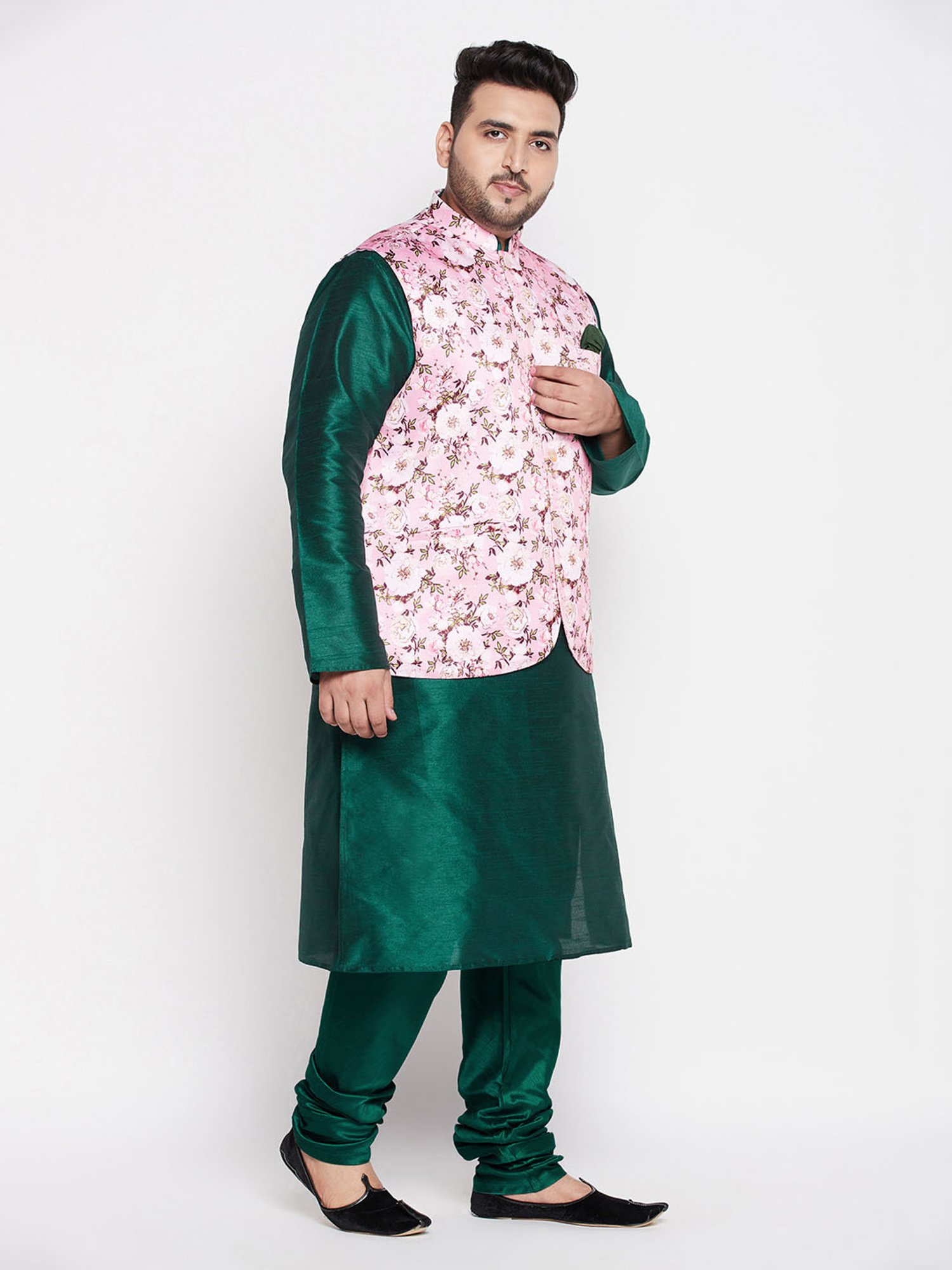 Vastramay Green And Pink Silk Blend Jacket Kurta Pyjama Set