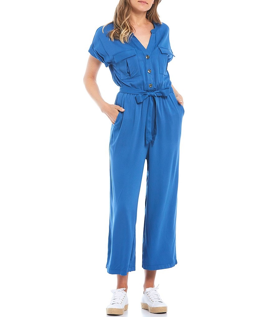 June & Hudson Short Sleeve Button Front Utility Jumpsuit