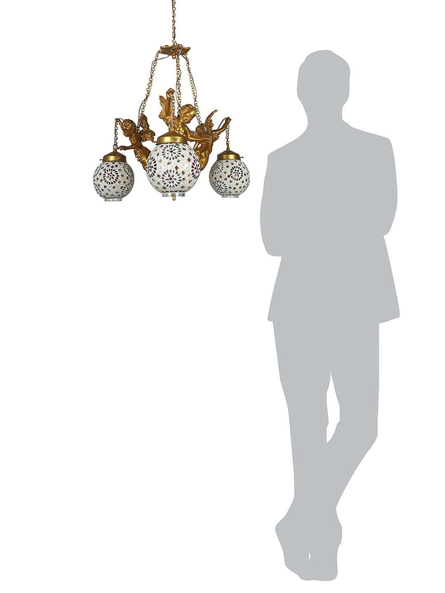 FOS LIGHTING White & Golden Aluminium 3-In-1 Cherub Chandelier With Glass Shade
