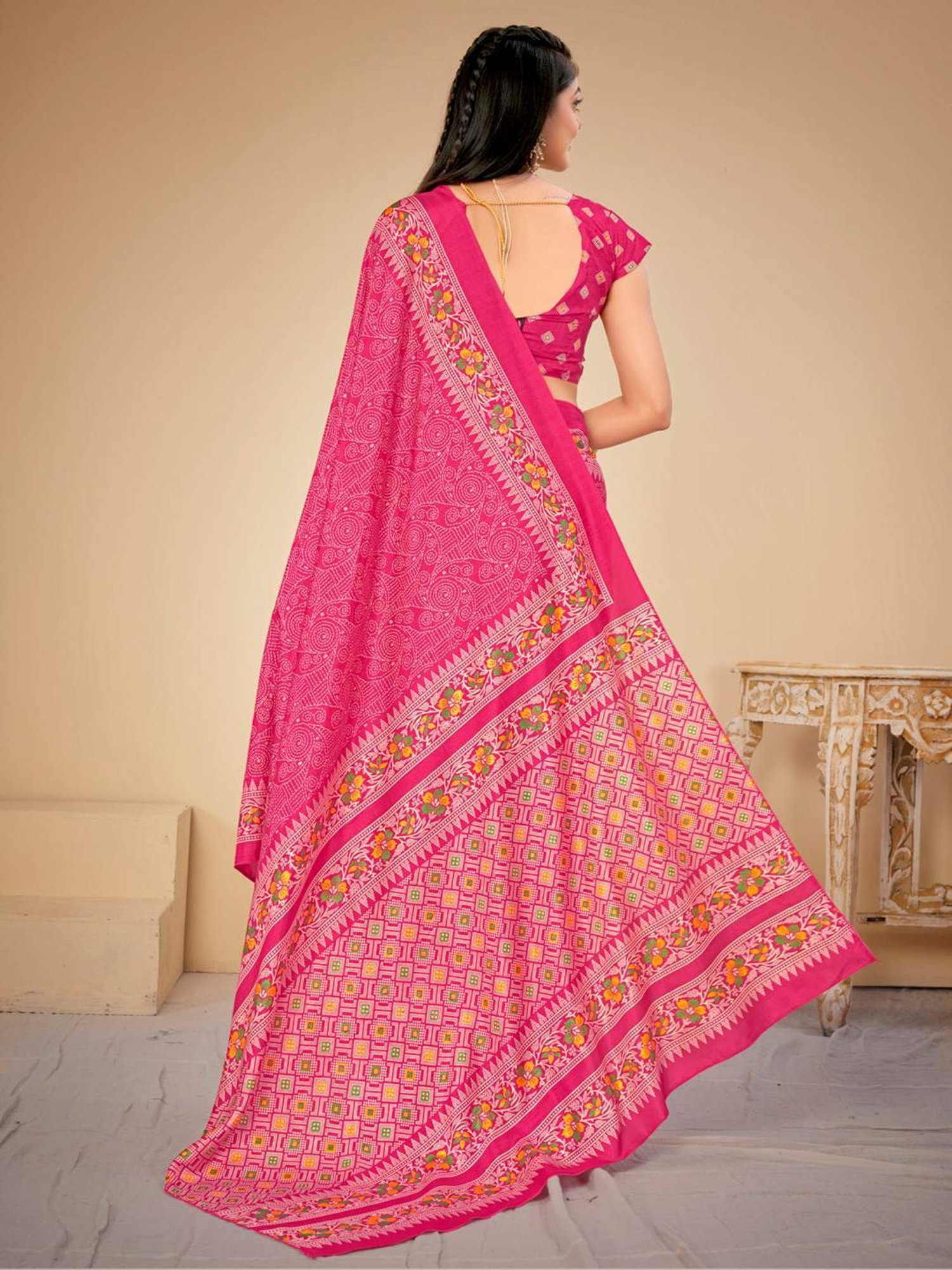 Saree Mall Pink Silk Printed Saree With Unstitched Blouse