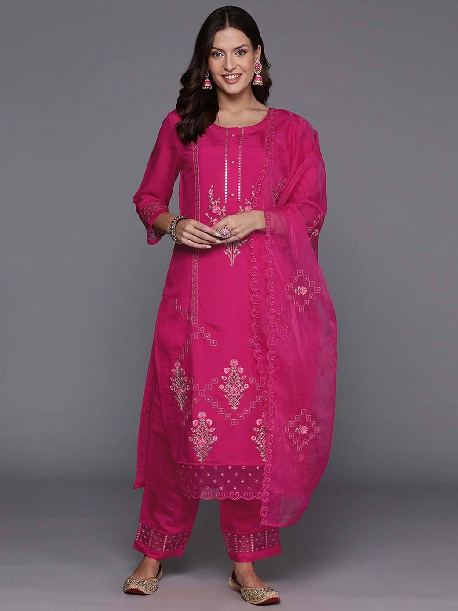 Indo Era Pink Embroidered Kurta With Pant & Dupatta