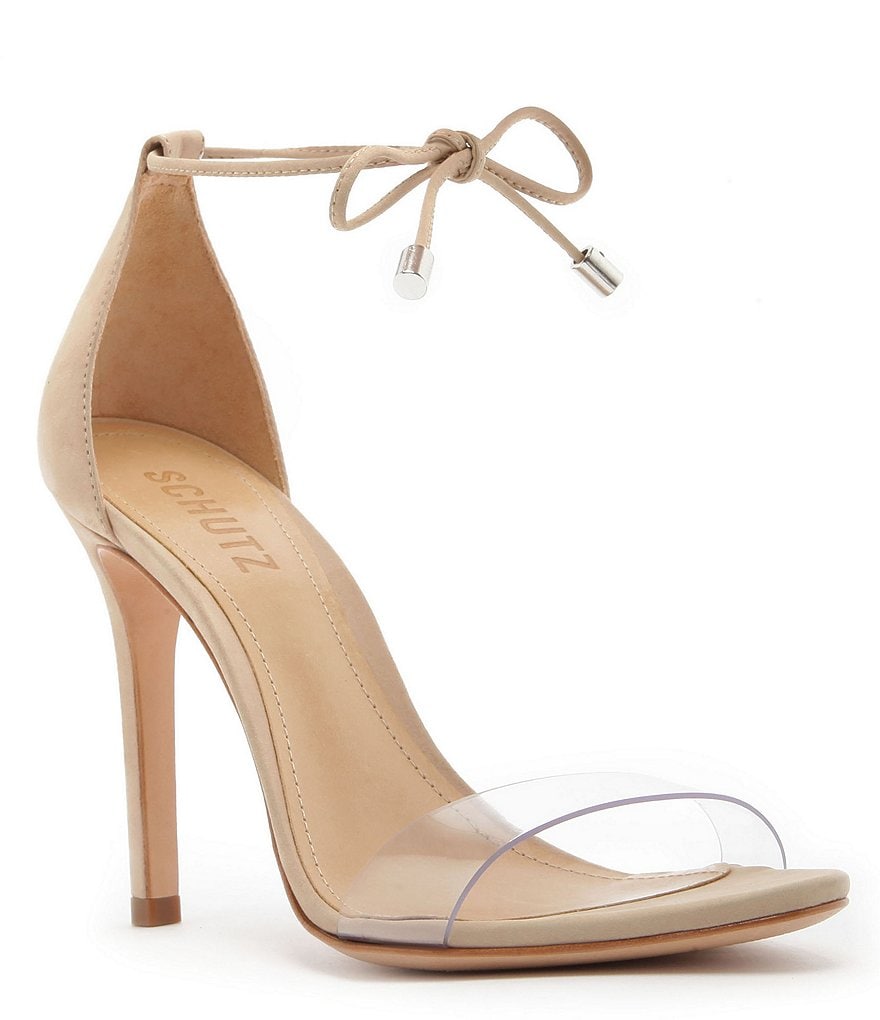 Schutz Jossena Leather & Clear Strap Ankle Tie Dress Sandals