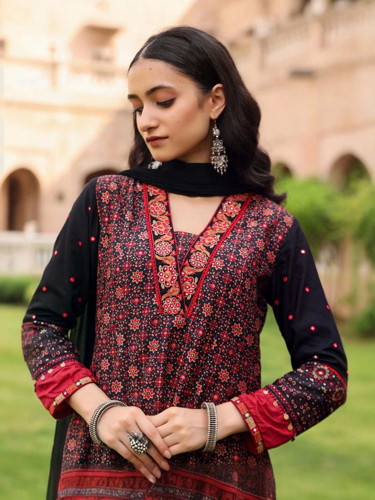 Juniper Black Cotton Embroidered Kurta Pant Set With Dupatta