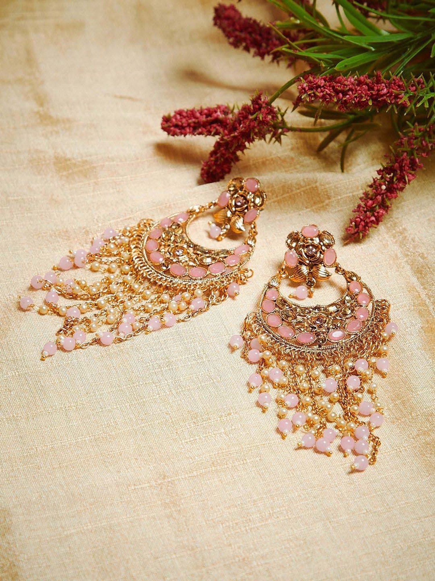 Panash Gold-Plated & Pink Handcrafted Crescent Shaped Embellished Dangler Earrings